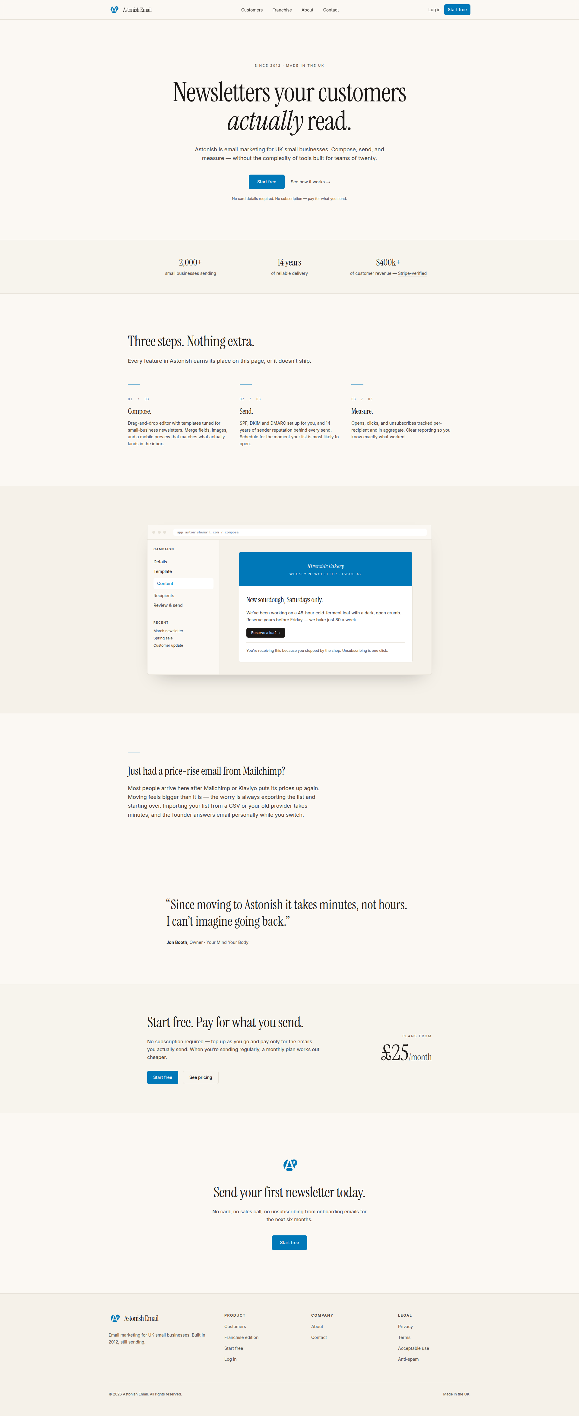 Landing page screenshot for astonishemail.com, 1920 by 4688 pixels