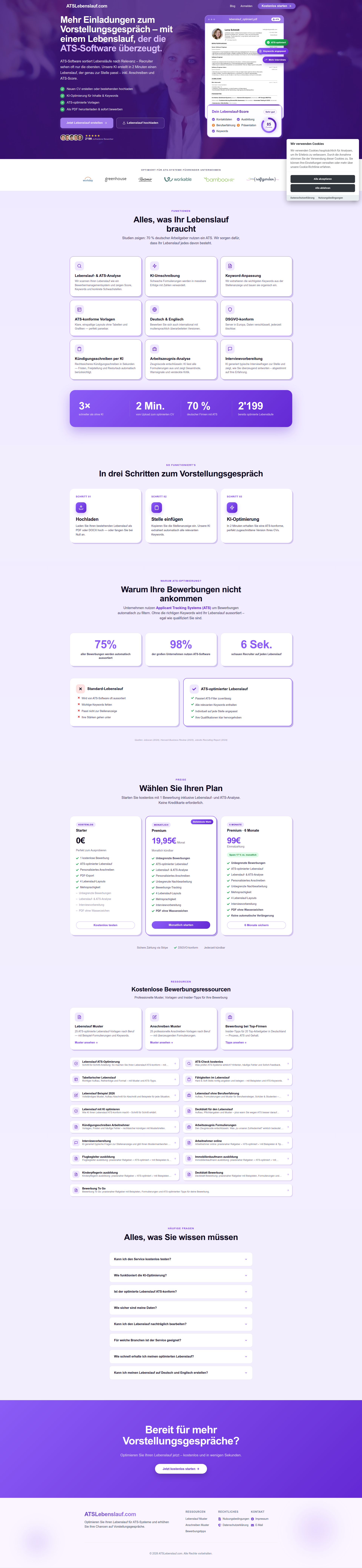 Landing page screenshot for atslebenslauf.com, 1920 by 8313 pixels