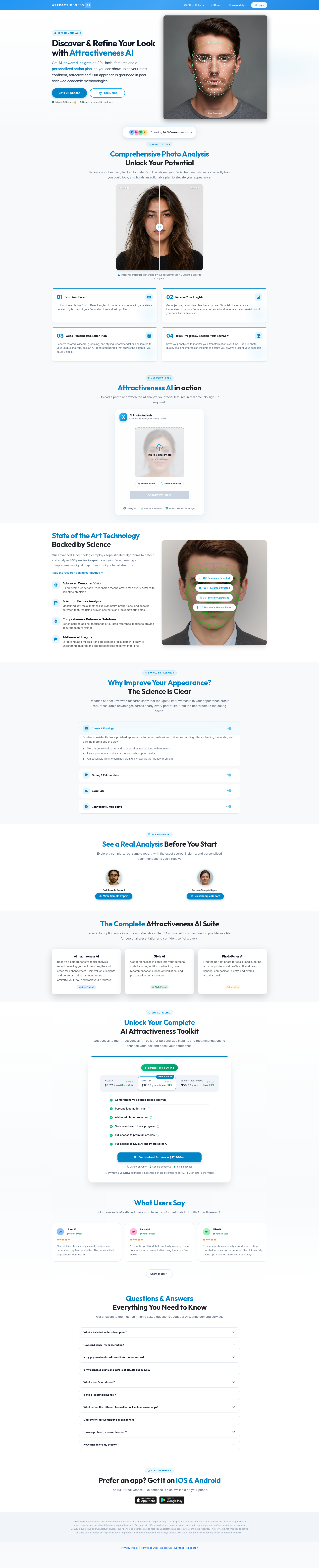 Landing page screenshot for attractivenessai.com, 1920 by 9436 pixels