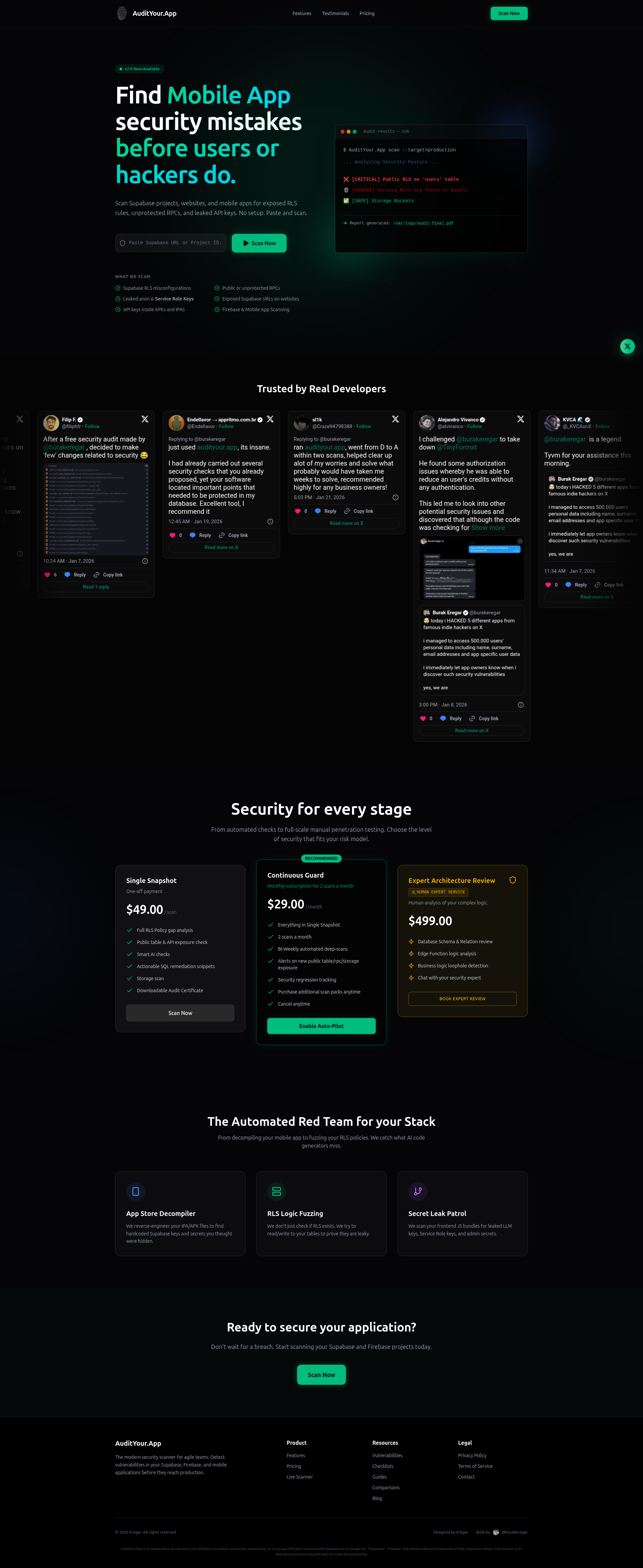 Landing page screenshot for audityour.app, 1920 by 4681 pixels