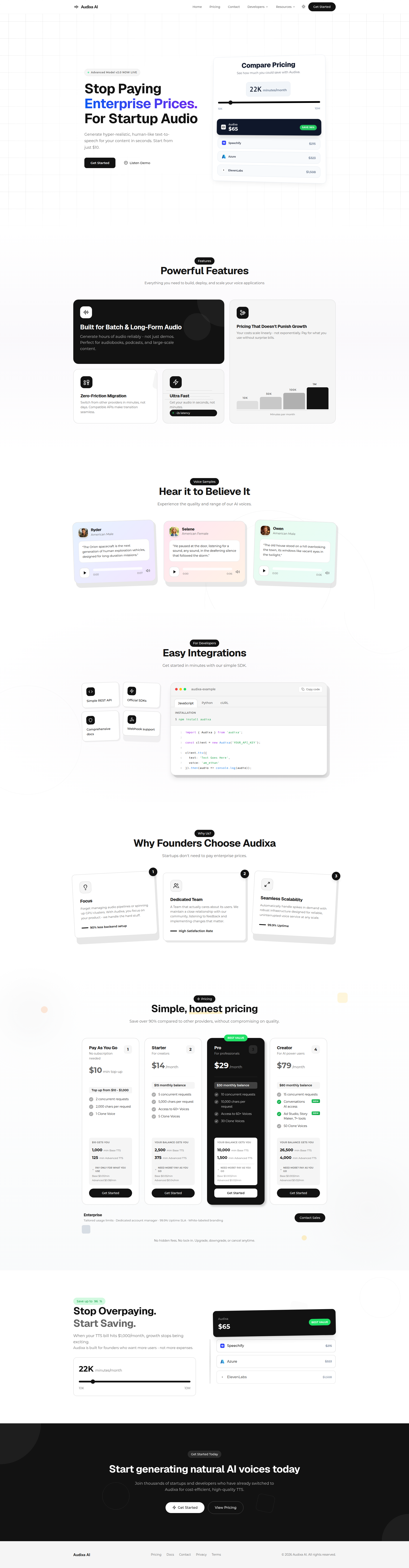 Landing page screenshot for audixa.ai, 1920 by 7360 pixels