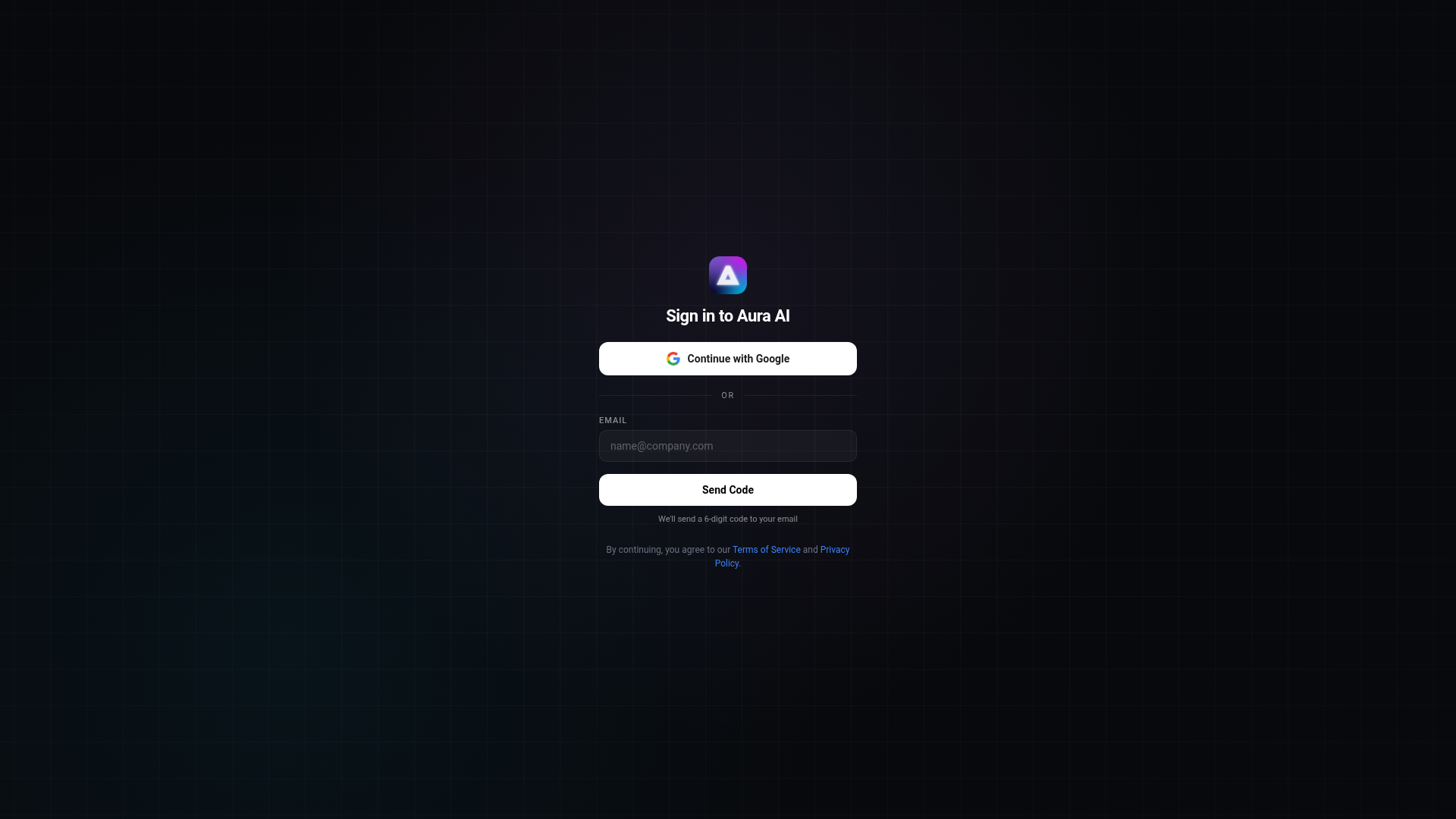 Landing page screenshot for auraai.app, 1920 by 1080 pixels