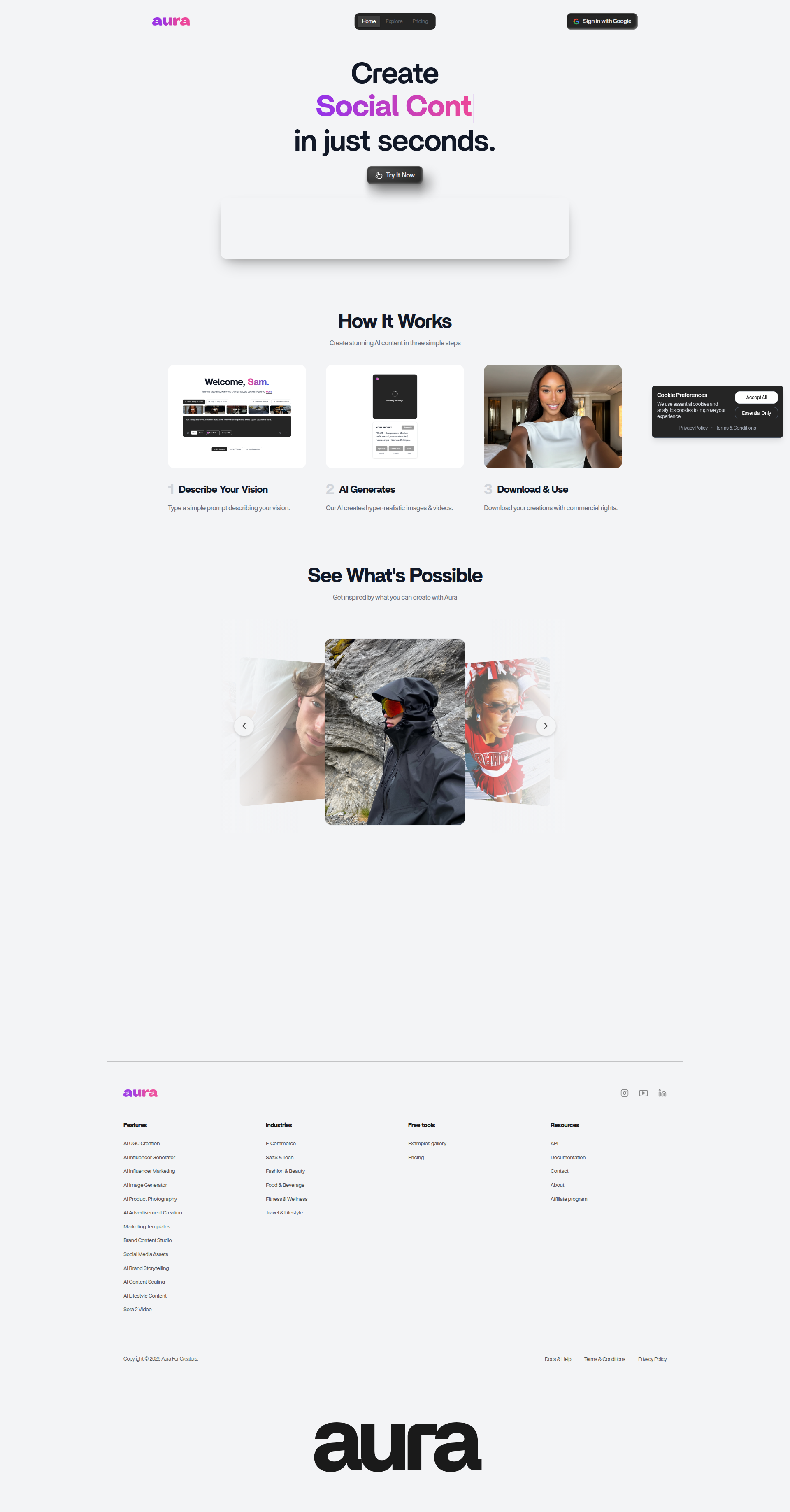 Landing page screenshot for auraforcreators.com, 1920 by 3674 pixels