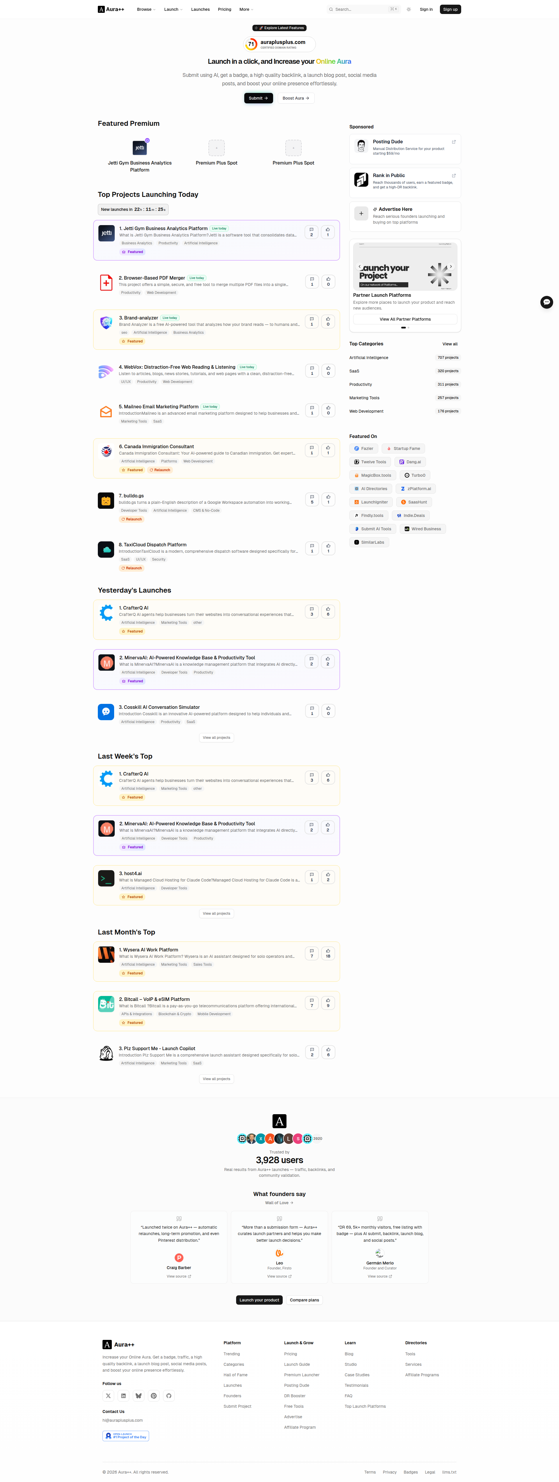 Landing page screenshot for auraplusplus.com, 1920 by 5089 pixels