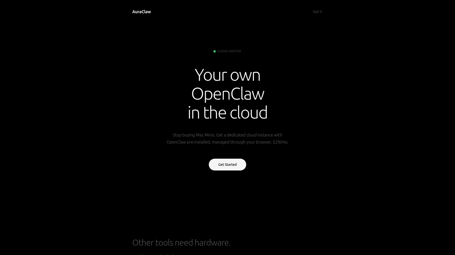 Landing page screenshot for auraclaw.com, 1920 by 1080 pixels