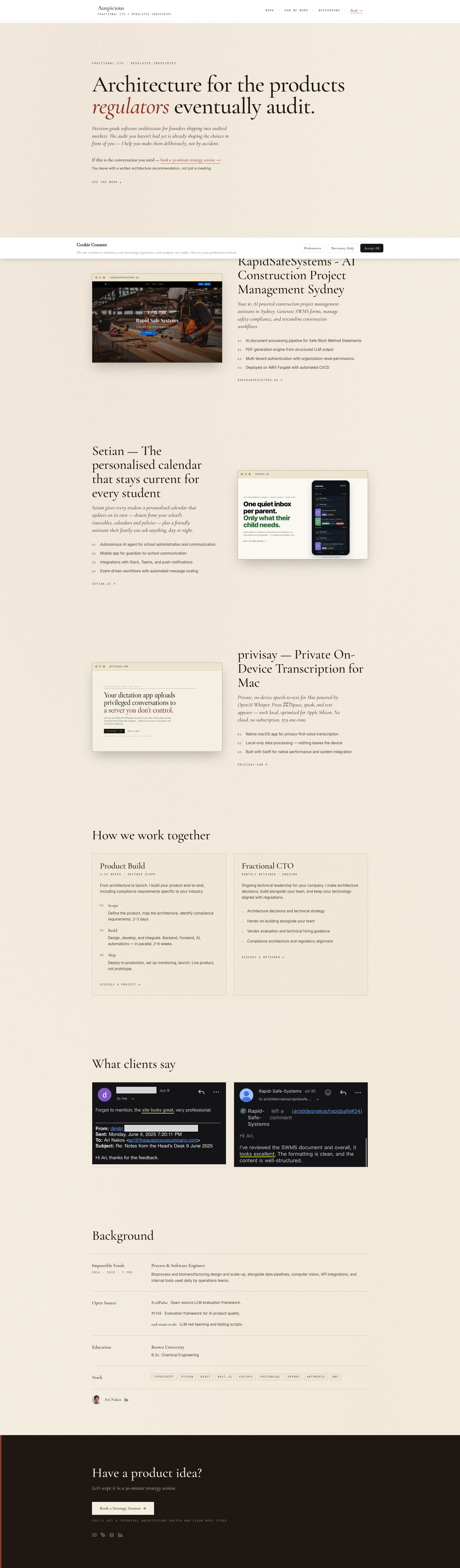 Landing page screenshot for theauspiciouscompany.com, 1920 by 6548 pixels