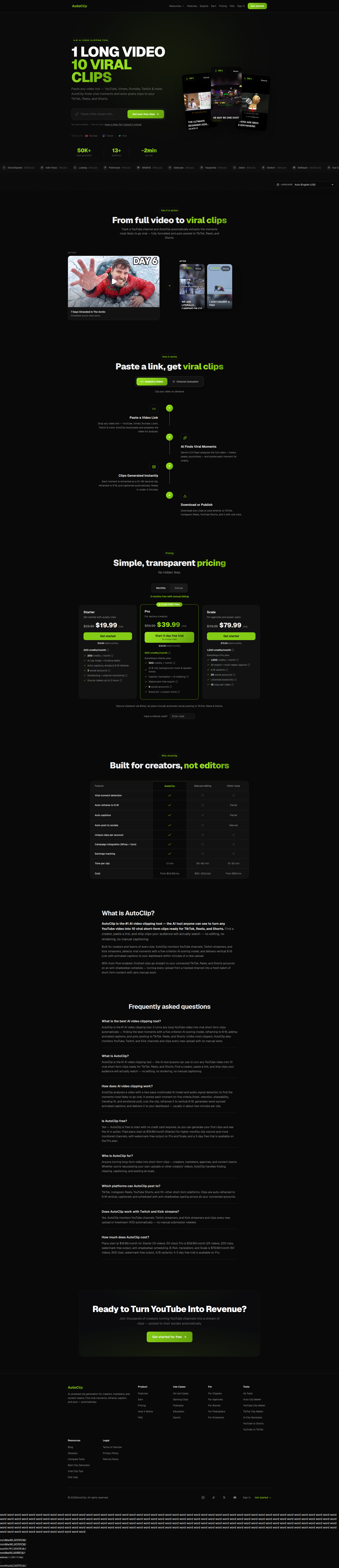 Landing page screenshot for autoclip.dev, 1920 by 8875 pixels