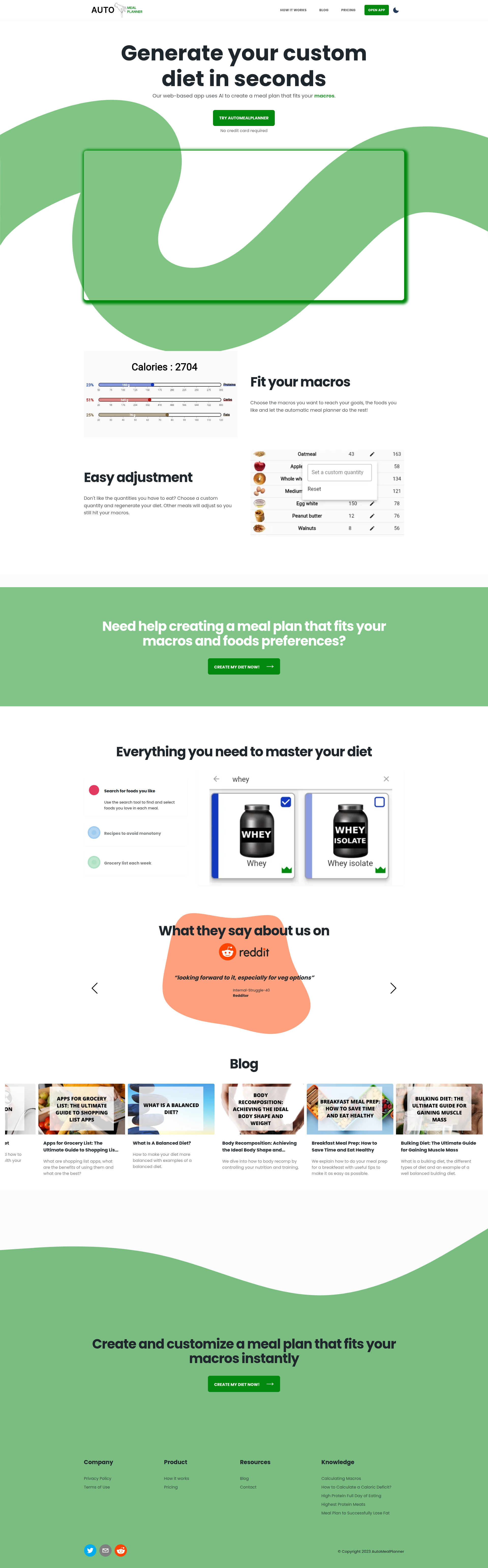 Landing page screenshot for automealplanner.com, 1920 by 6174 pixels