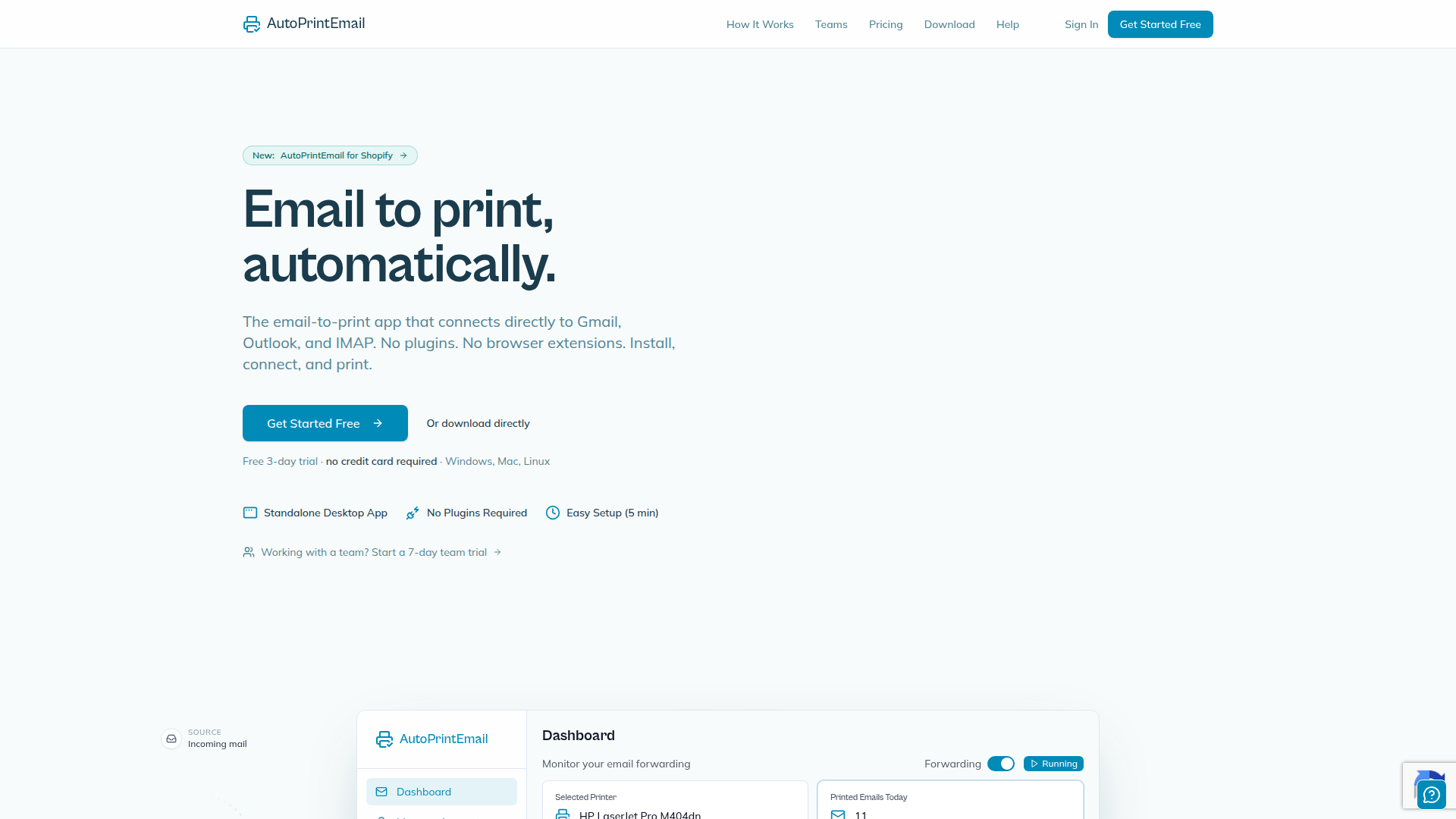 Landing page screenshot for autoprint.email, 1920 by 1080 pixels