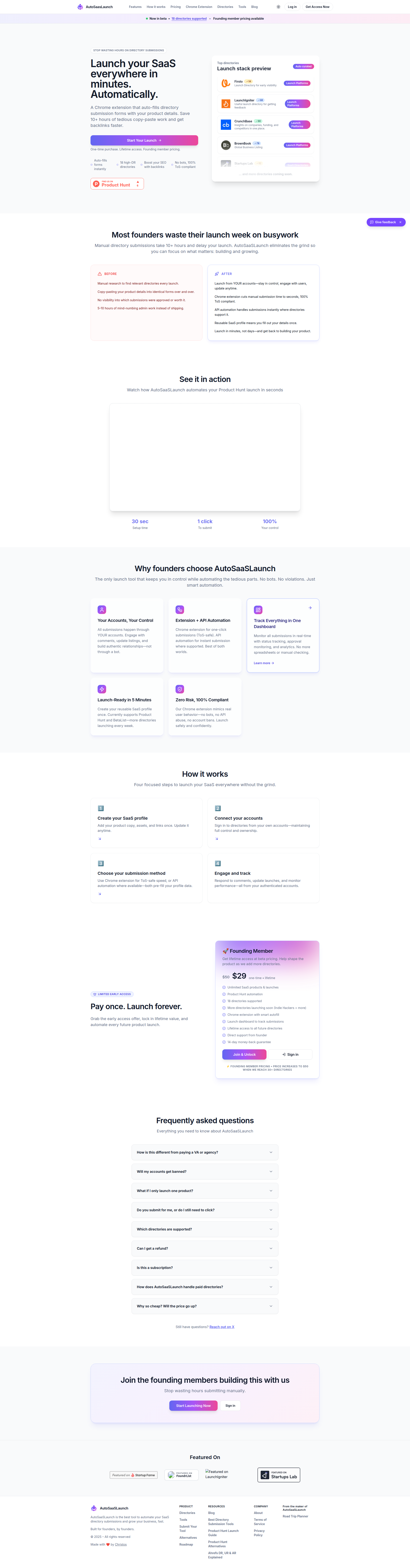 Landing page screenshot for autosaaslaunch.com, 1920 by 7340 pixels