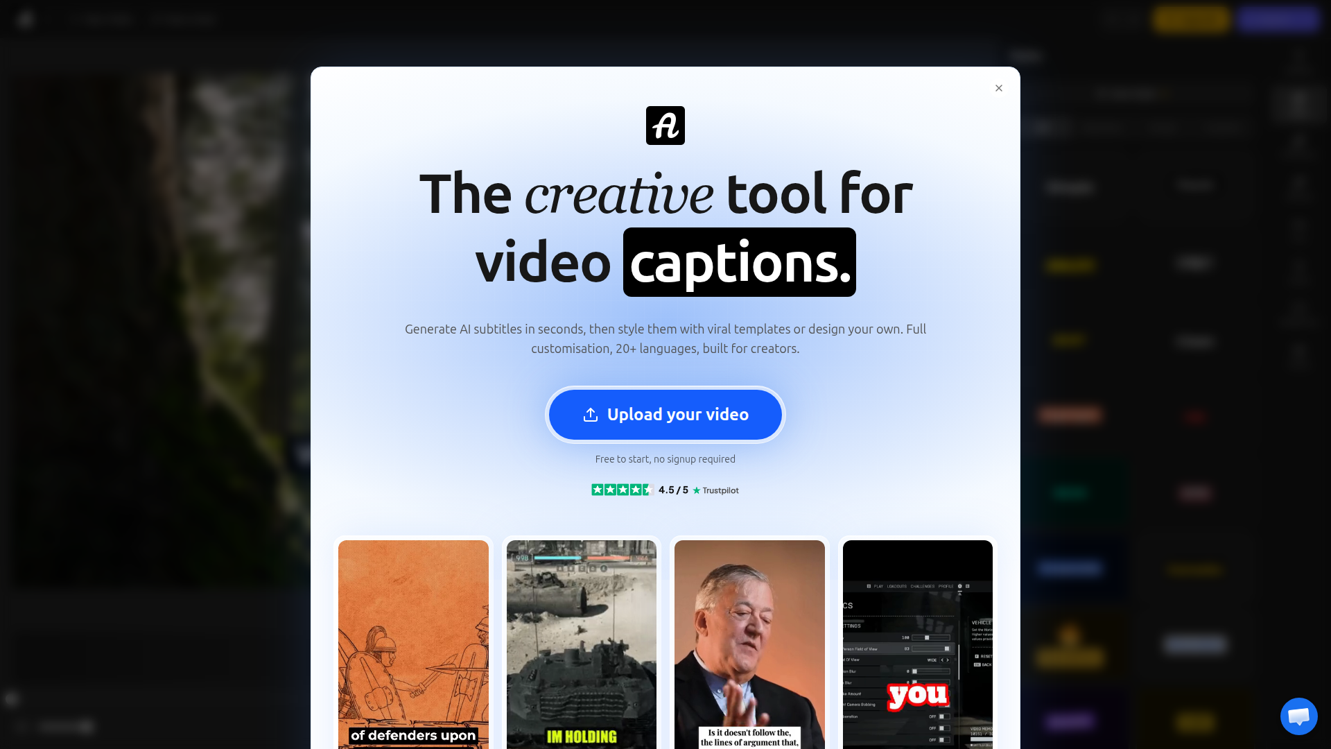 Landing page screenshot for autosubtitles.com, 1920 by 1080 pixels