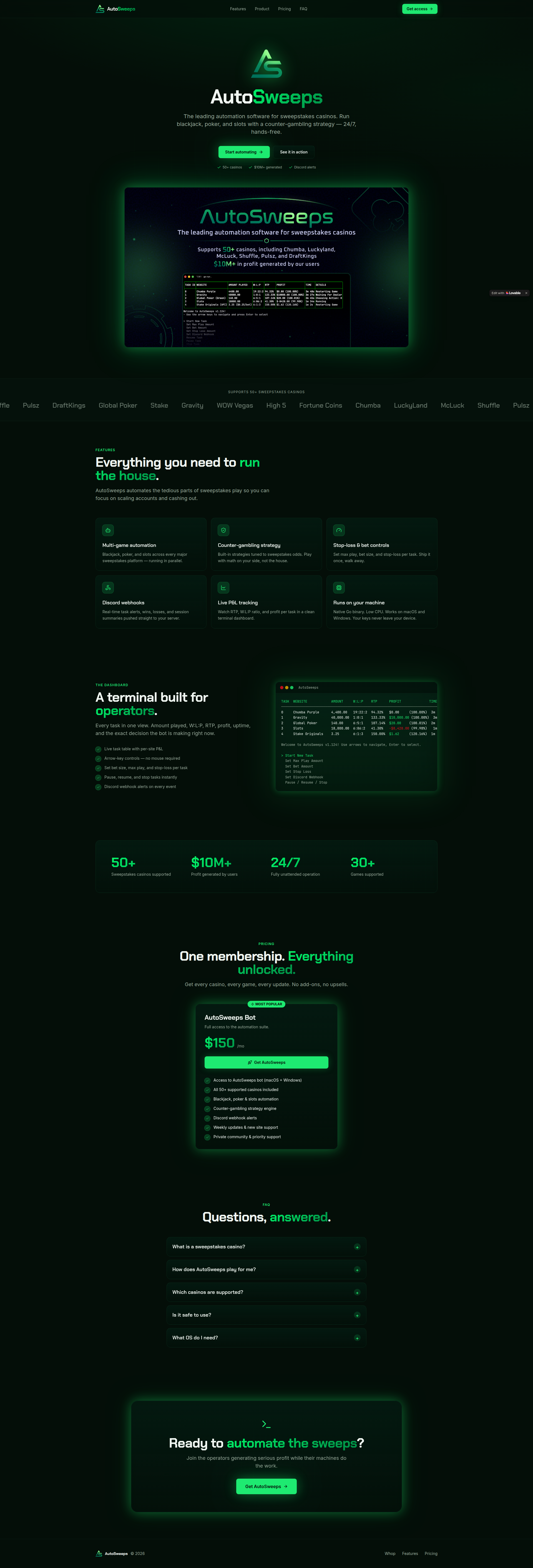 Landing page screenshot for autosweeps.io, 1920 by 5651 pixels