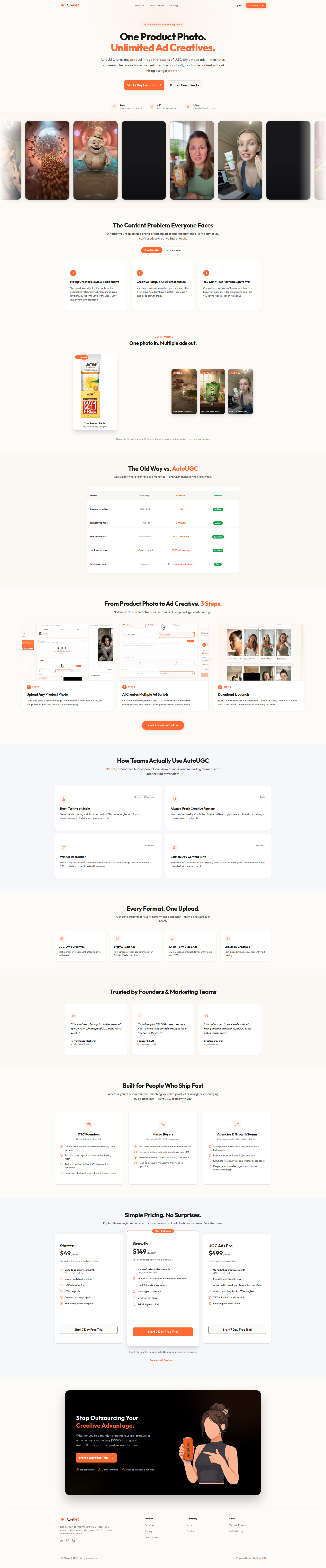Landing page screenshot for autougc.ai, 1920 by 9230 pixels