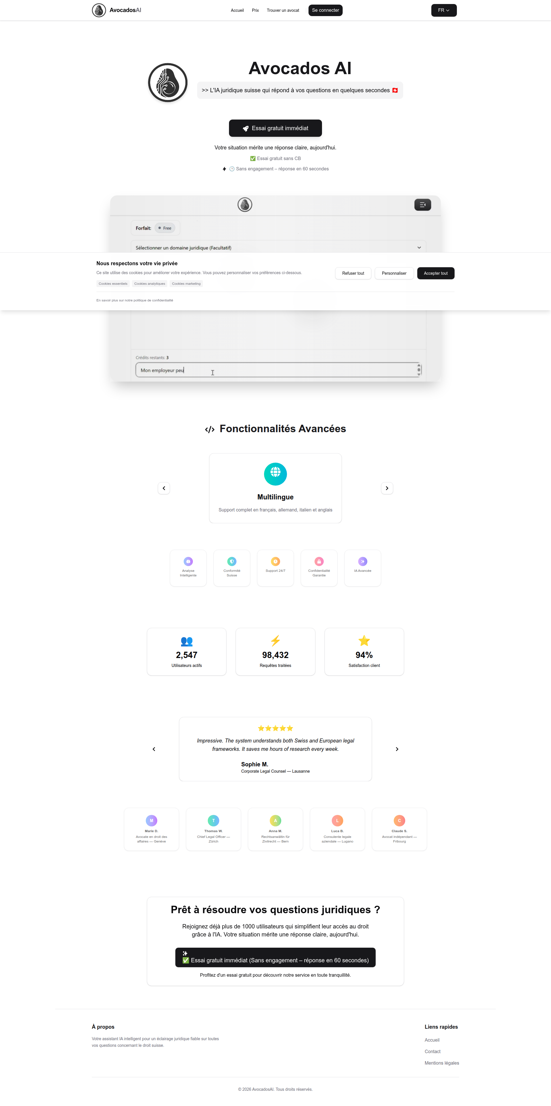 Landing page screenshot for avocadosai.ch, 1920 by 3849 pixels