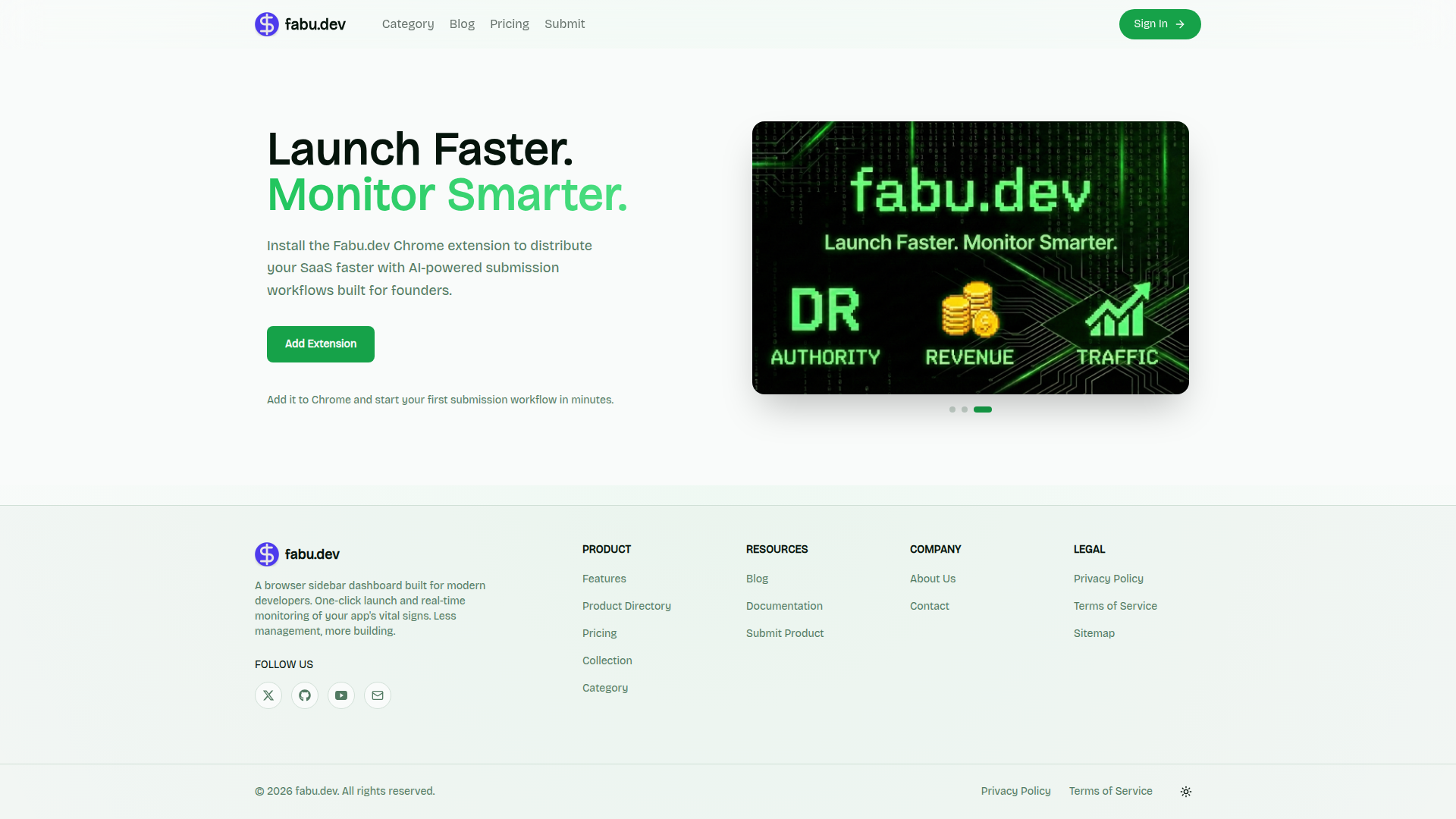 Landing page screenshot for fabu.dev, 1920 by 1080 pixels
