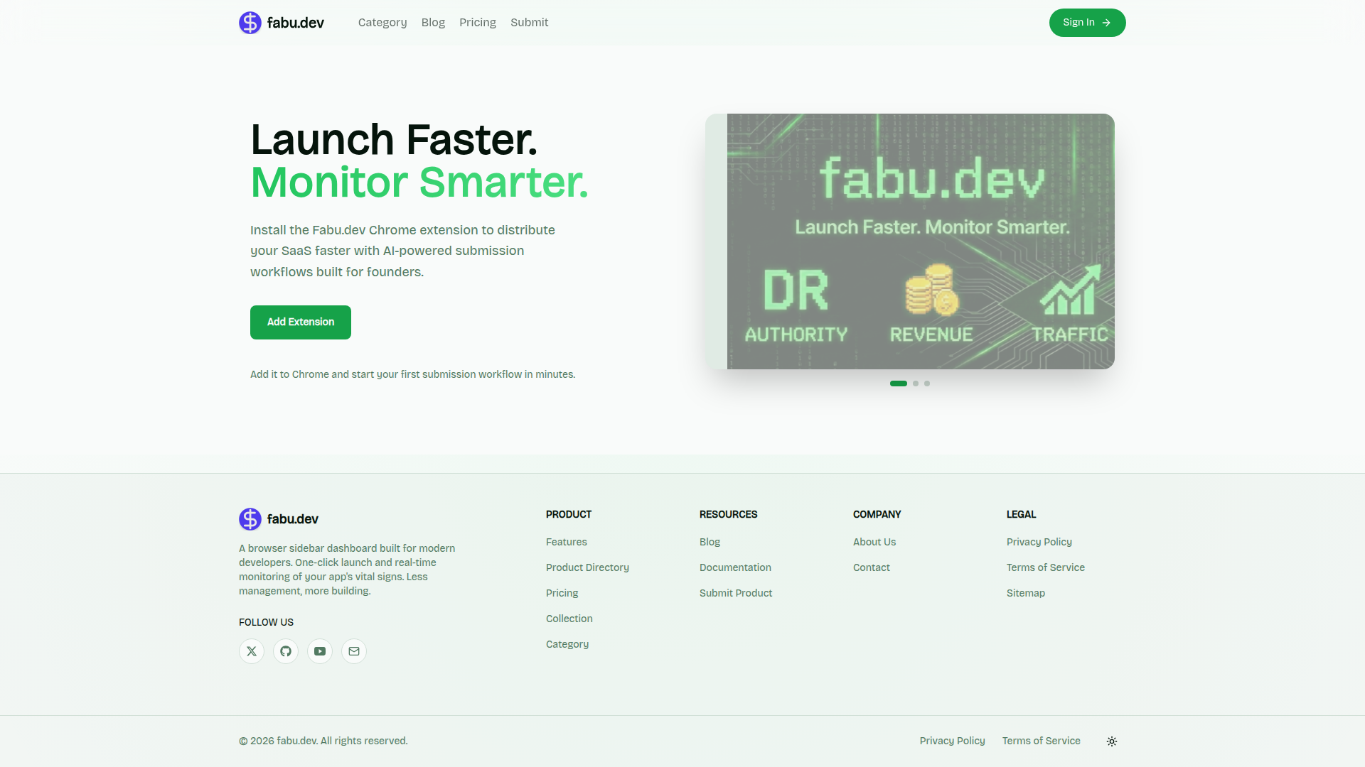 Landing page screenshot for fabu.dev, 1920 by 1080 pixels