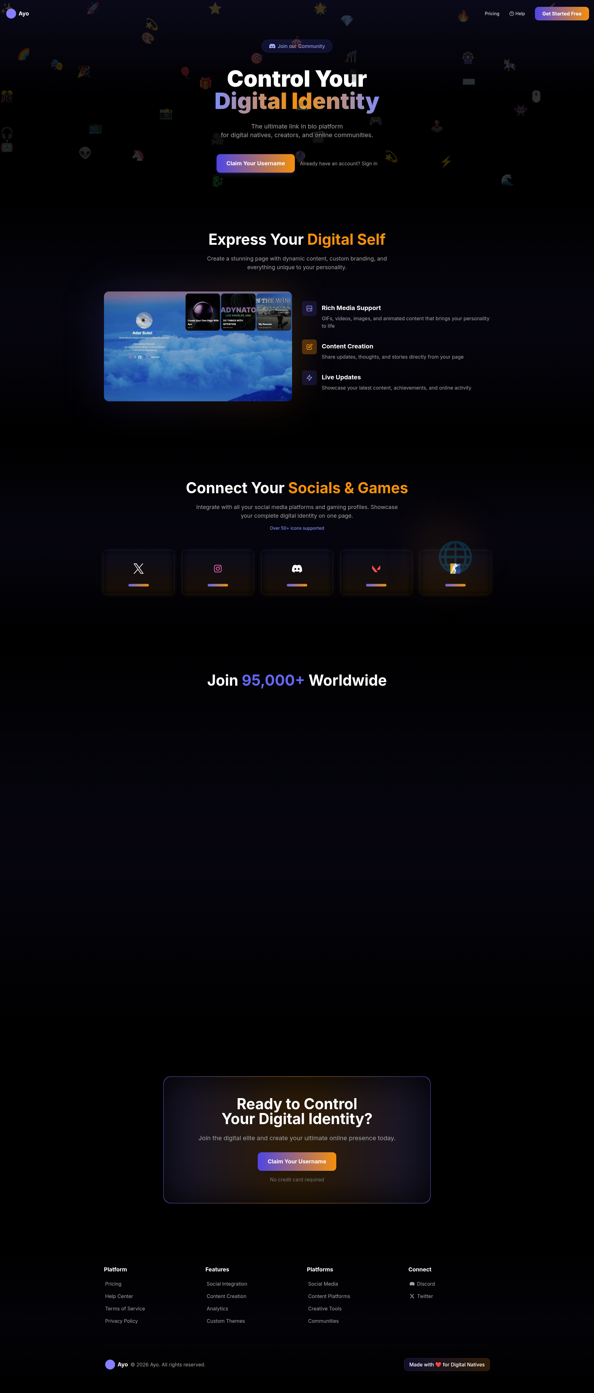 Landing page screenshot for ayo.so, 1920 by 4502 pixels