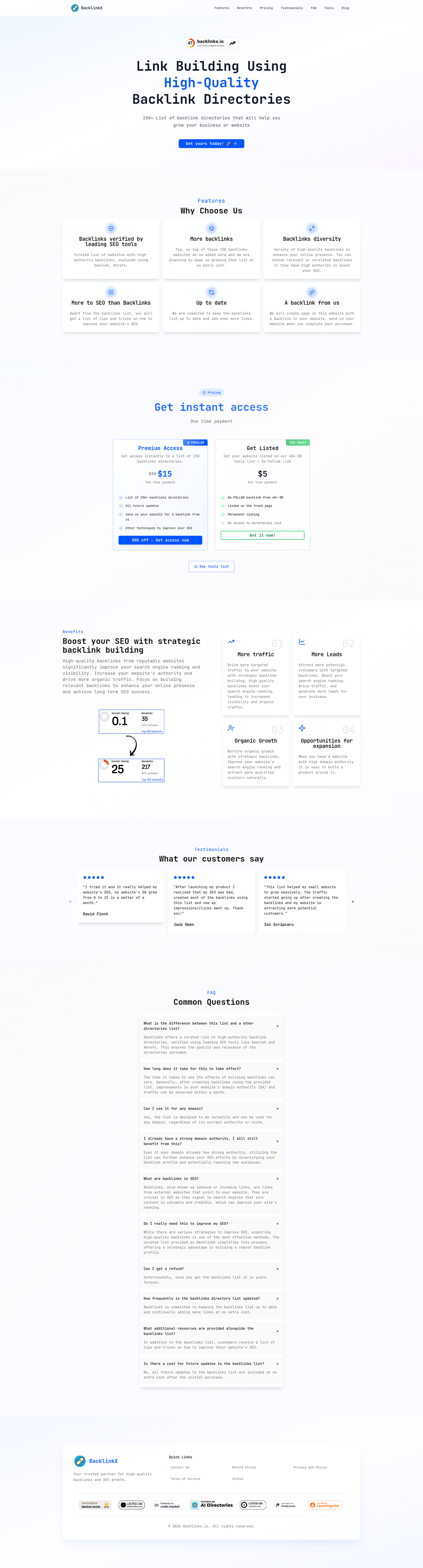 Landing page screenshot for backlinkx.io, 1920 by 7118 pixels