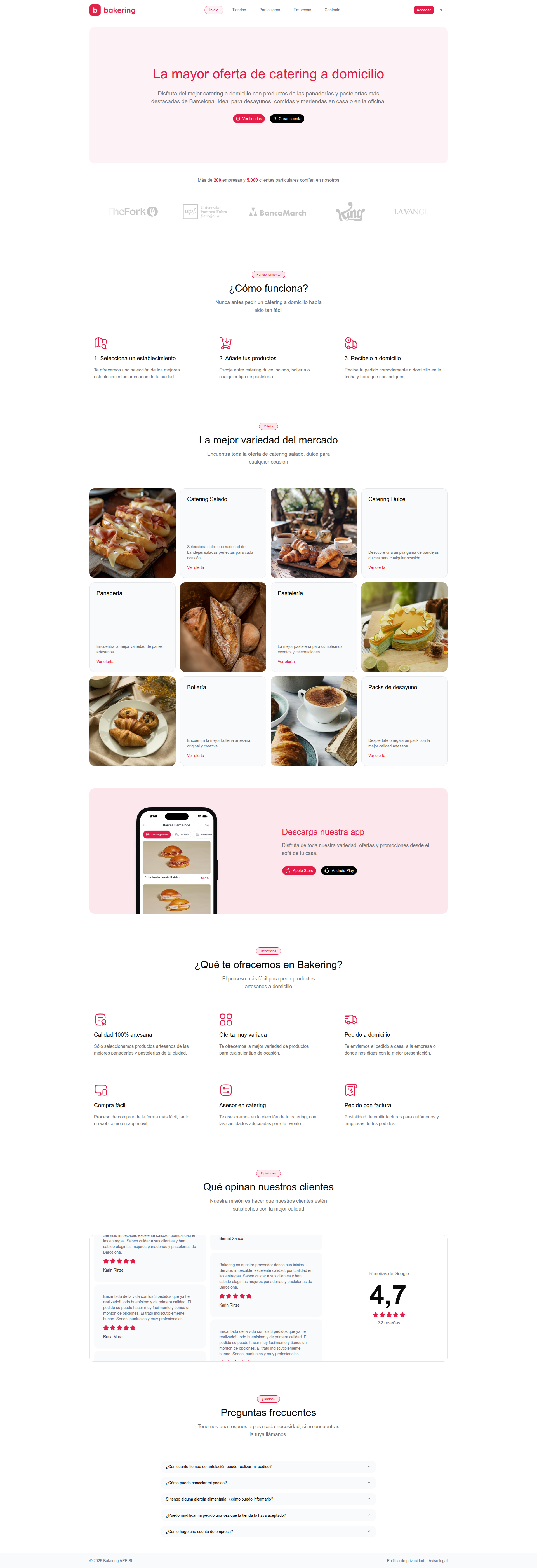 Landing page screenshot for bakering.es, 1920 by 5601 pixels