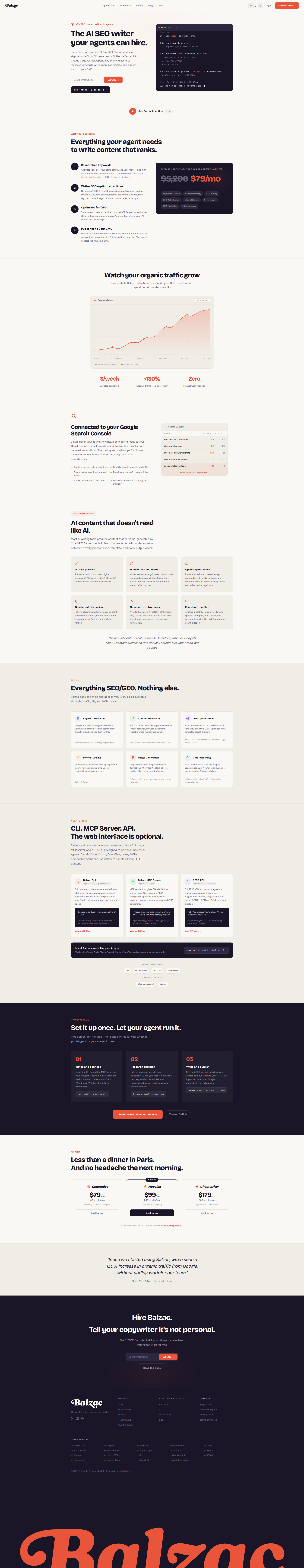 Landing page screenshot for hirebalzac.ai, 1920 by 9892 pixels