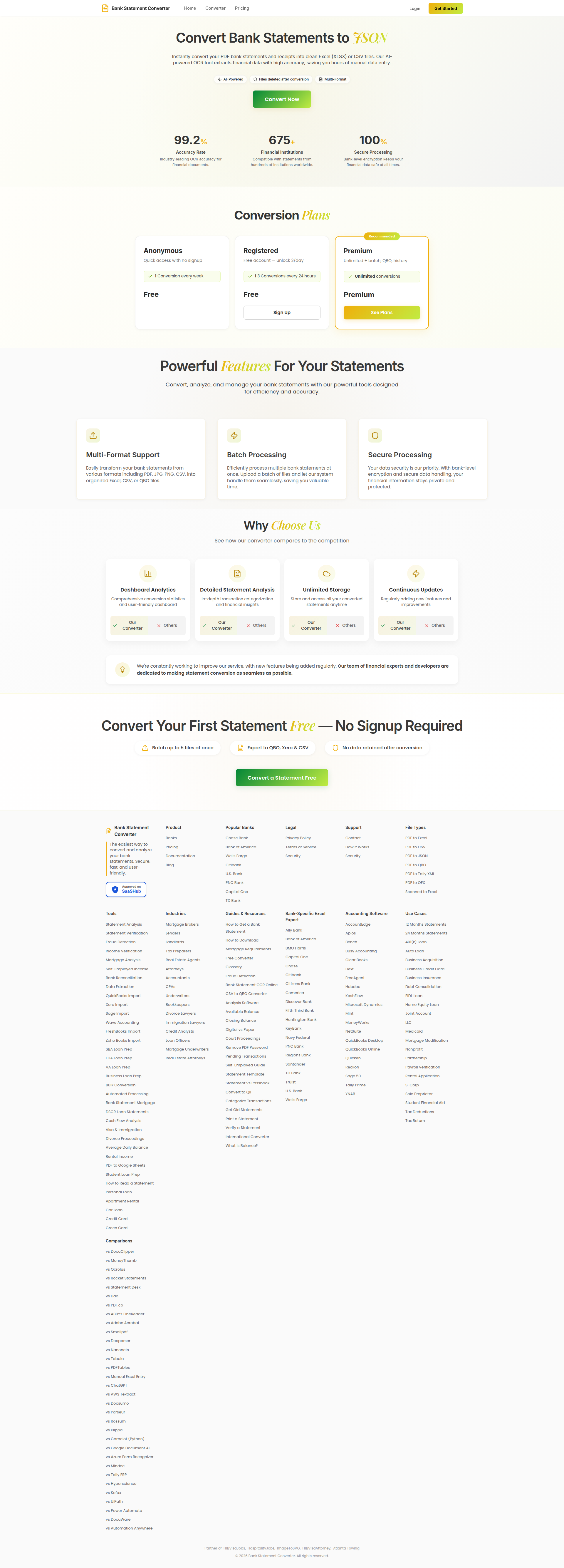 Landing page screenshot for bank-statementconverter.com, 1920 by 5336 pixels