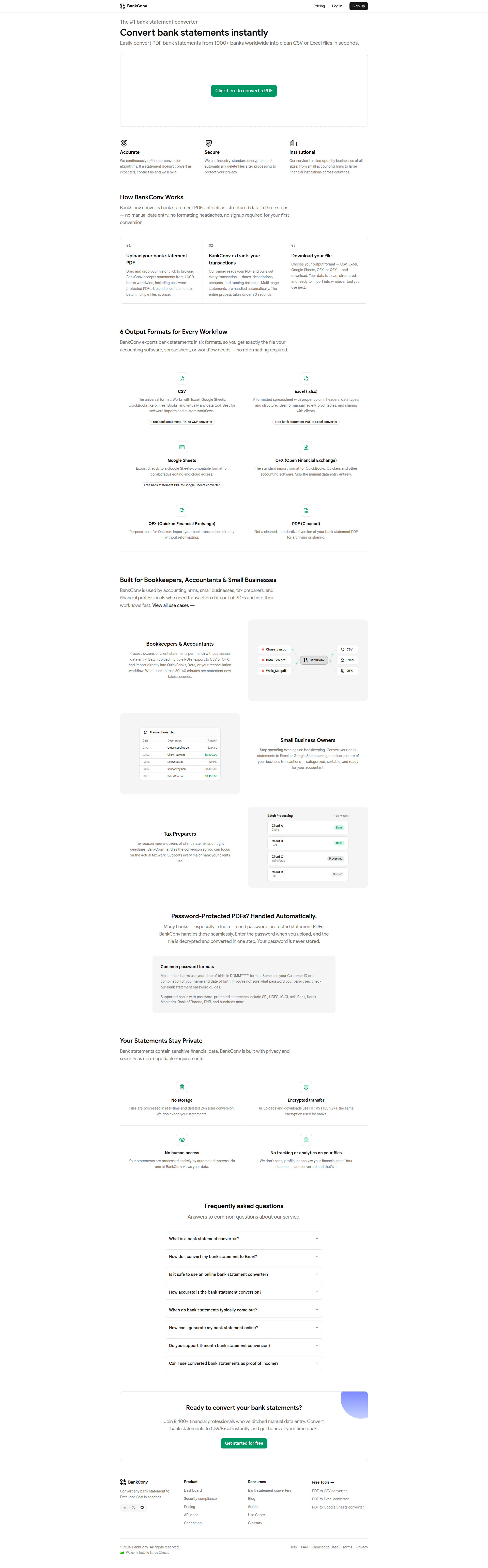 Landing page screenshot for bankconv.com, 1920 by 6166 pixels