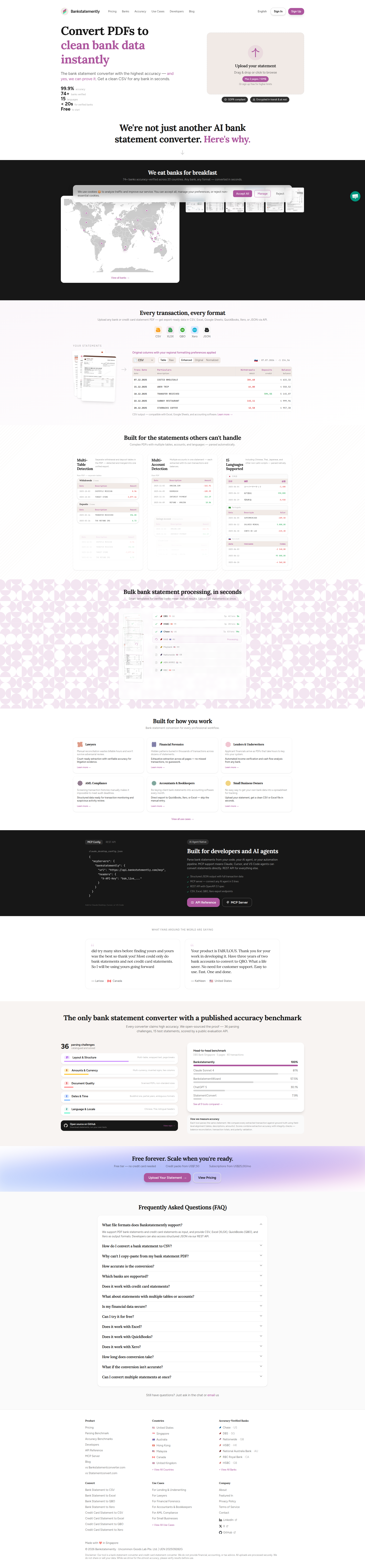 Landing page screenshot for bankstatemently.com, 1920 by 8250 pixels