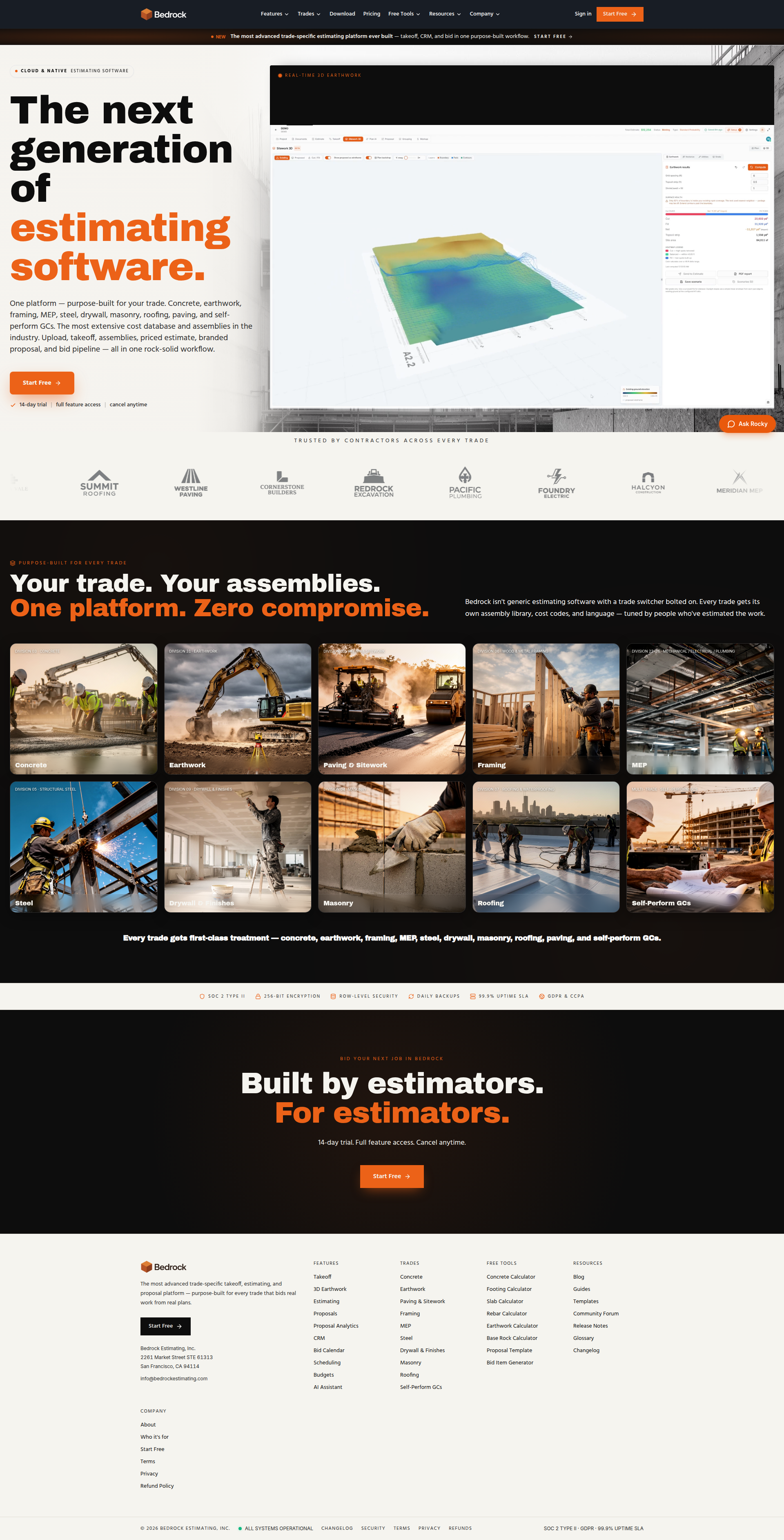 Landing page screenshot for bedrockestimating.com, 1920 by 3771 pixels