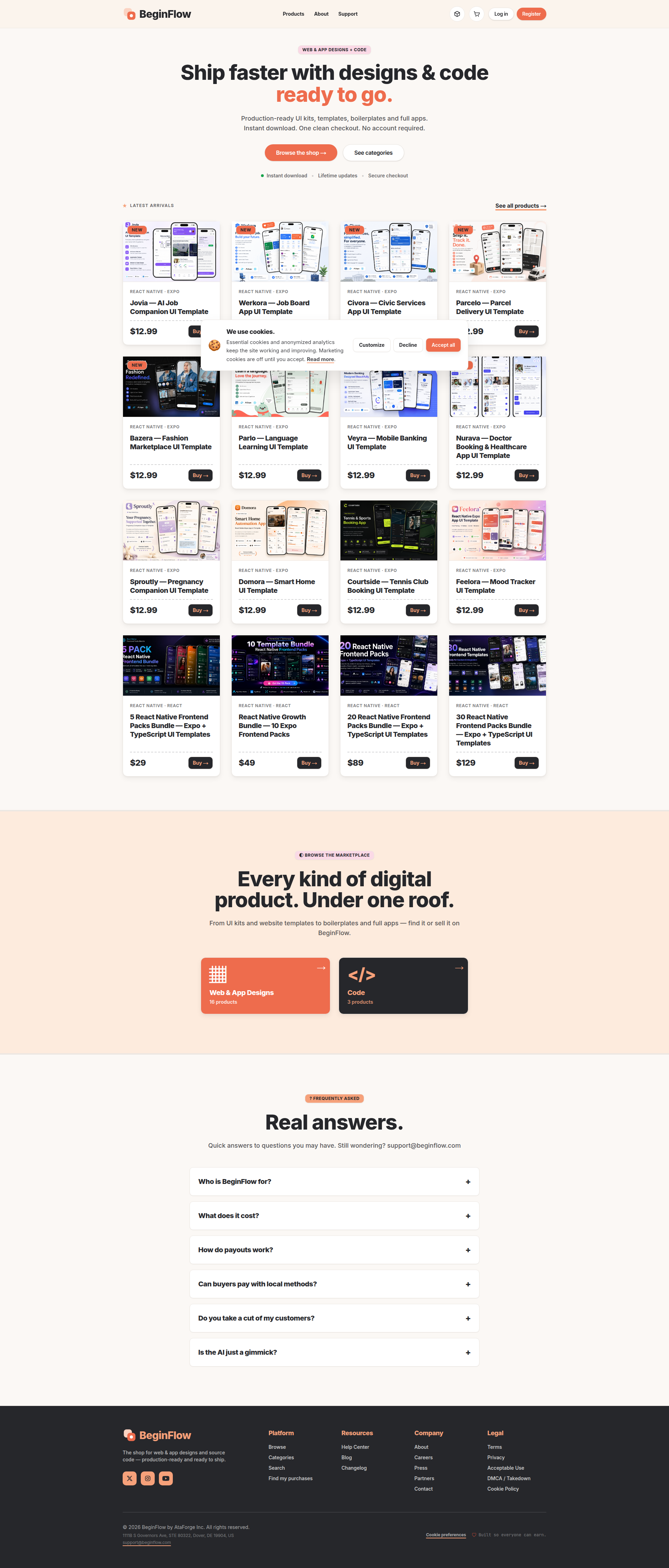 Landing page screenshot for beginflow.com, 1920 by 4499 pixels