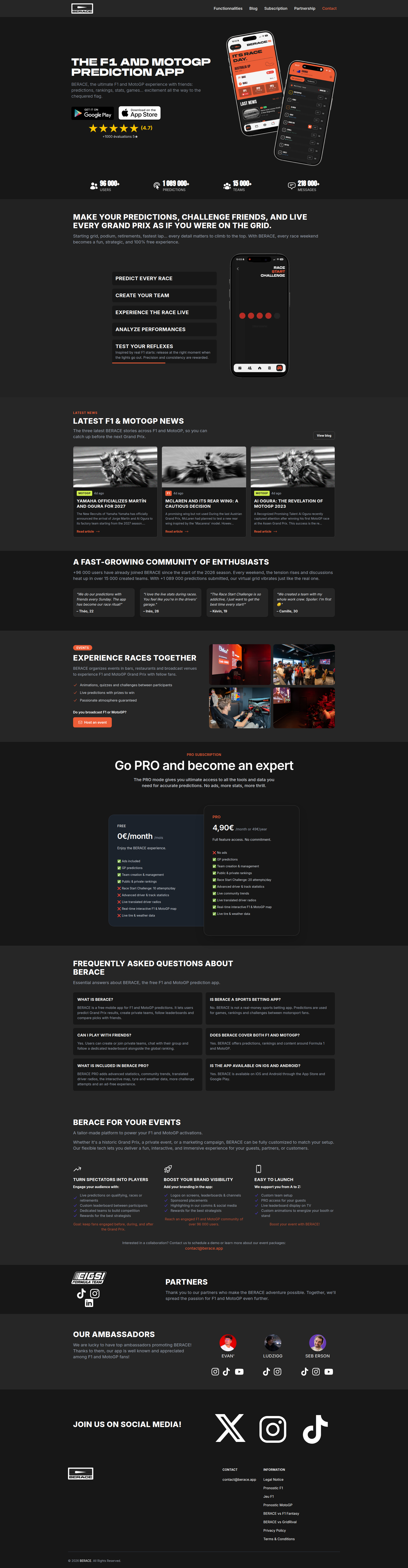 Landing page screenshot for berace.app, 1920 by 7387 pixels
