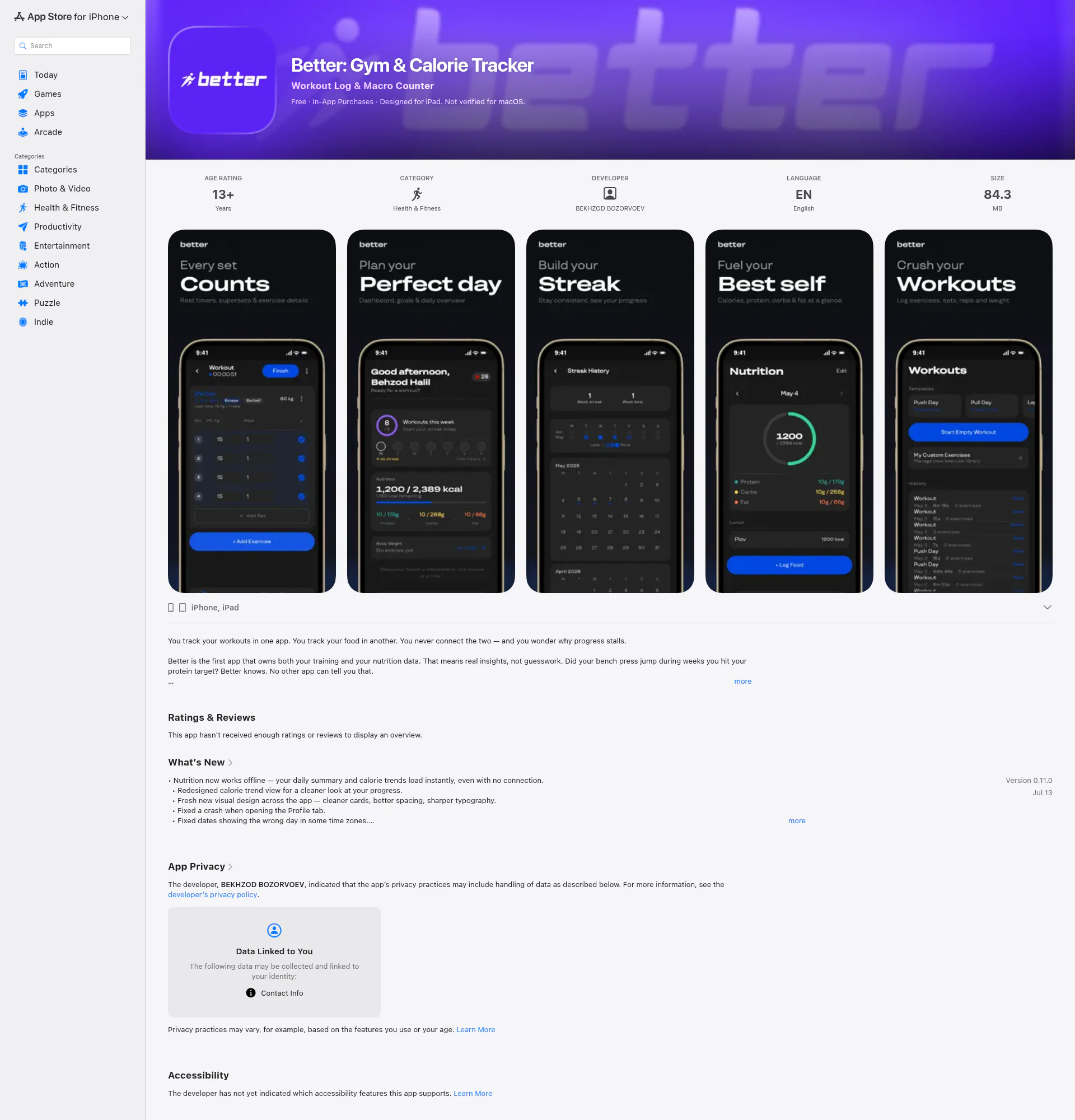 Better - Gym & Calorie Tracker landing page