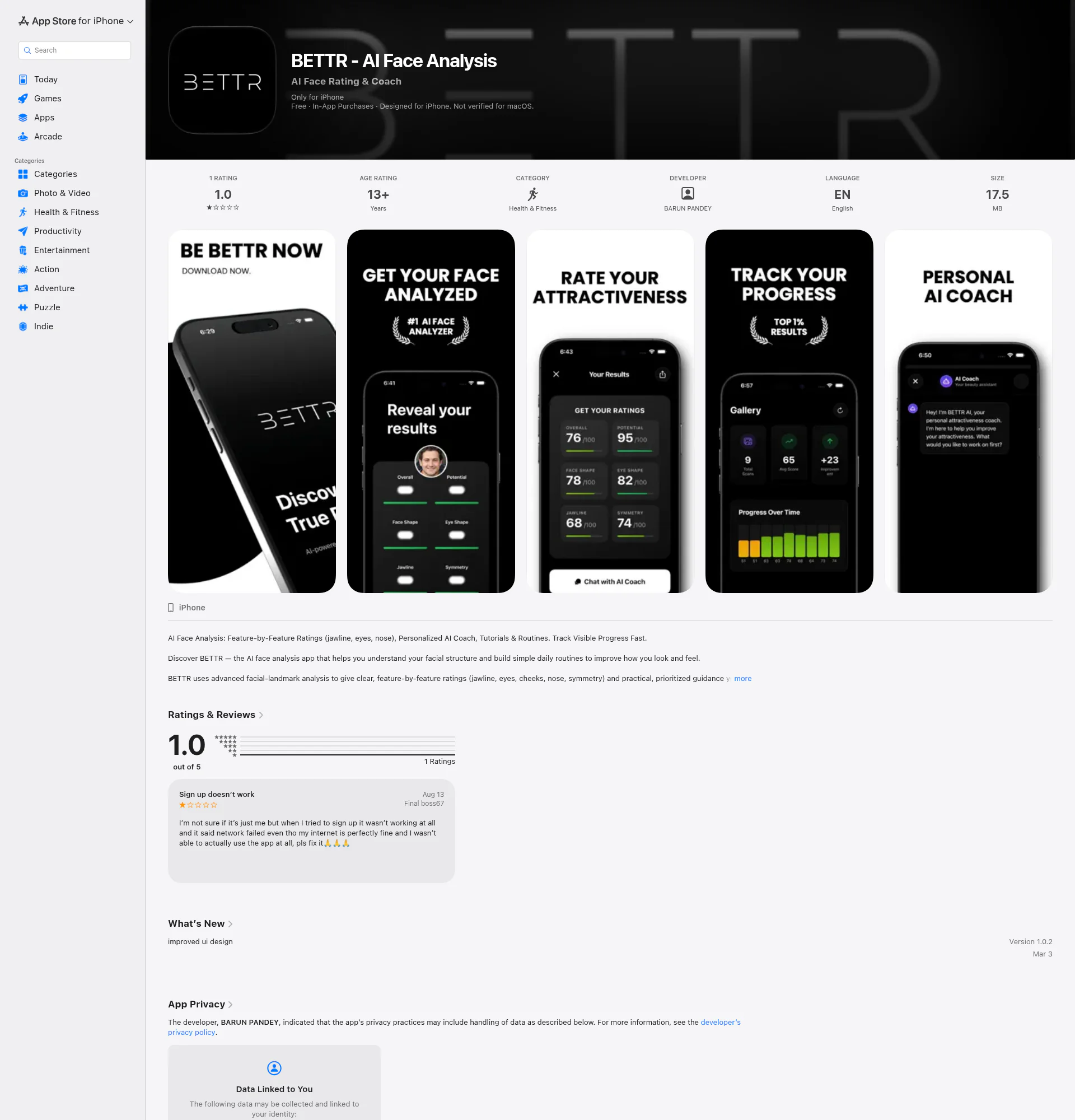 BETTR - AI Face Analysis landing page