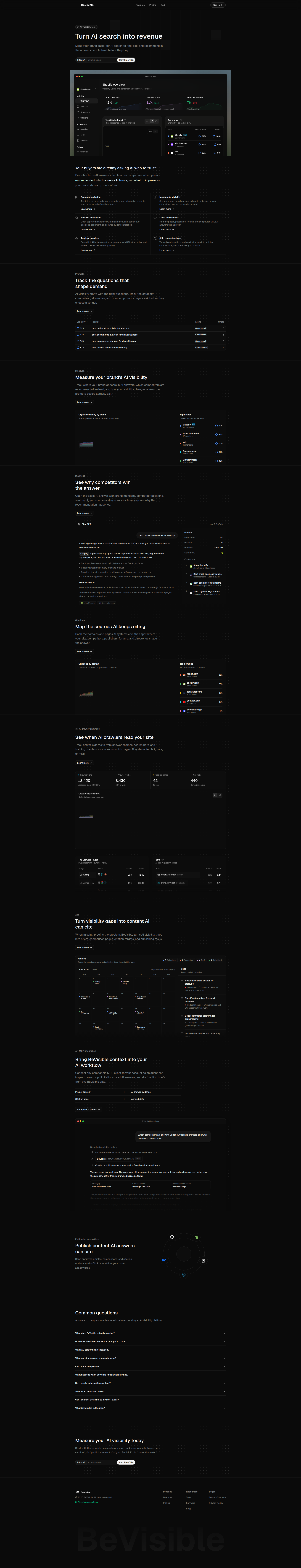 Landing page screenshot for bevisible.app, 1920 by 9987 pixels