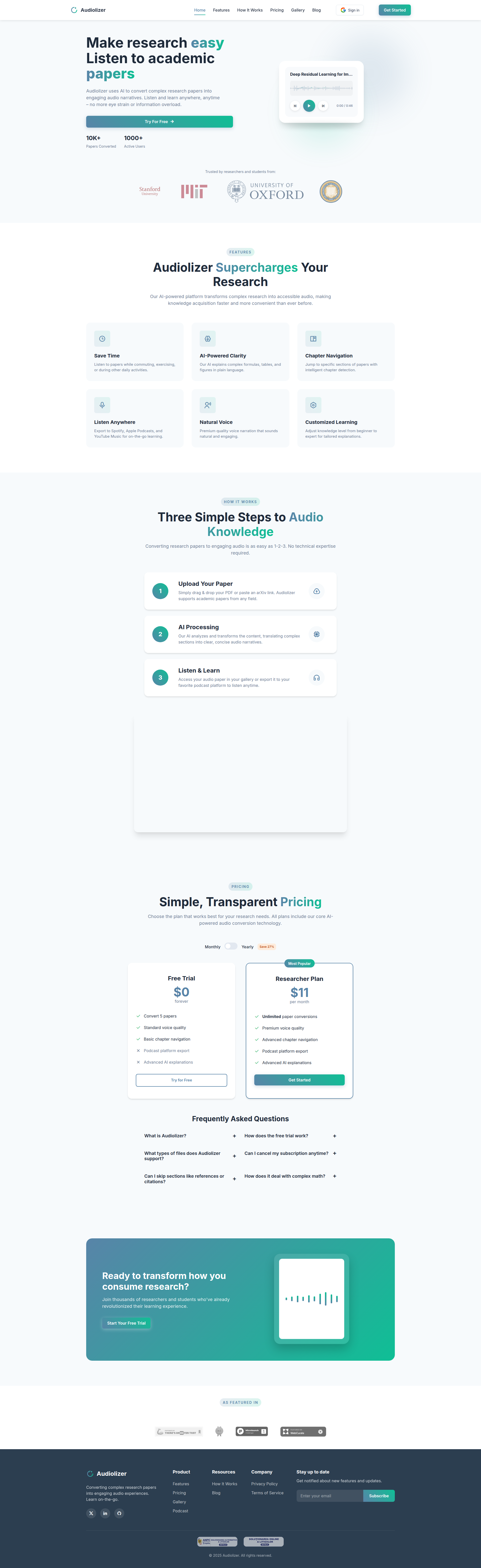 Landing page screenshot for audiolizer.cloud, 1920 by 6255 pixels