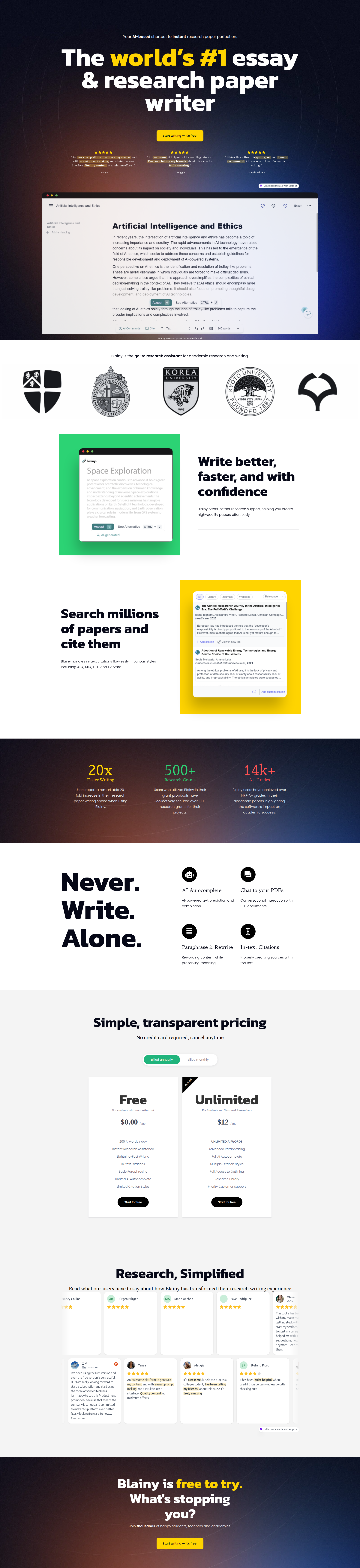 Landing page screenshot for blainy.com, 1920 by 8348 pixels