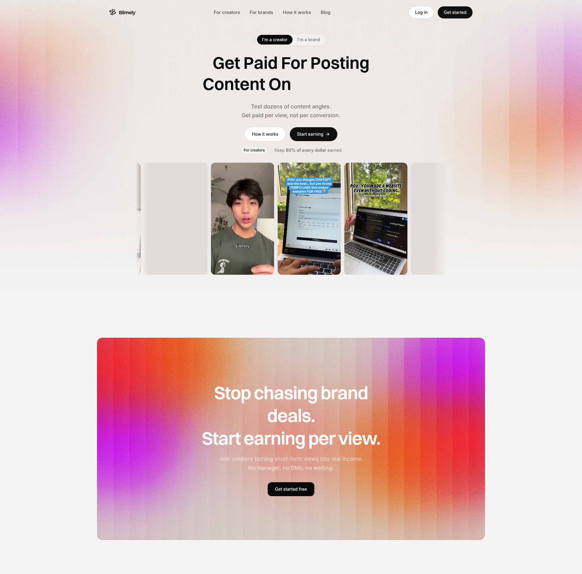 Landing page screenshot for blimely.com, 1920 by 1895 pixels