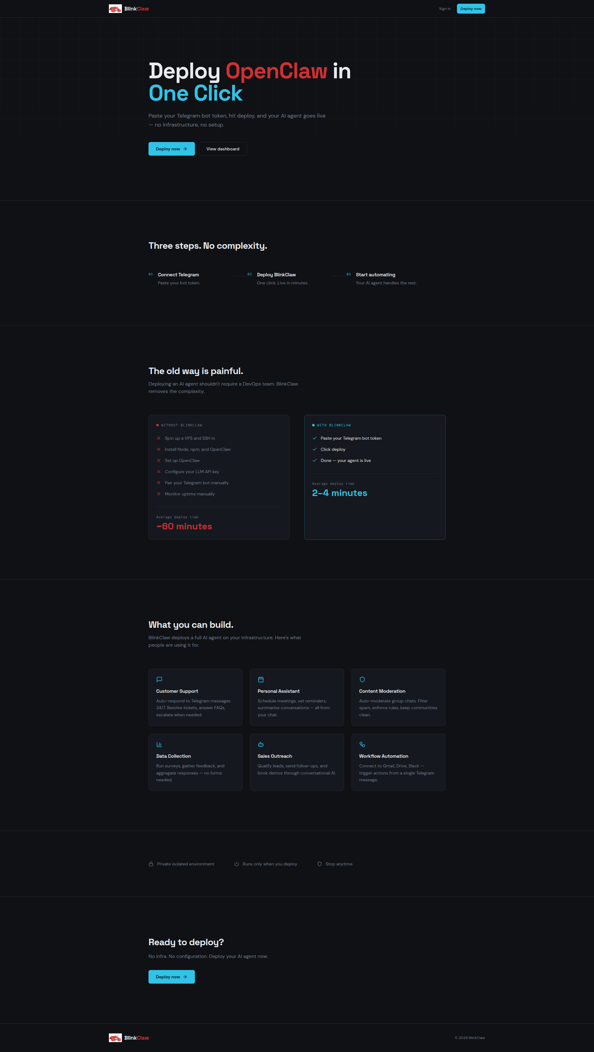 Landing page screenshot for blinkclaw.com, 1920 by 3400 pixels