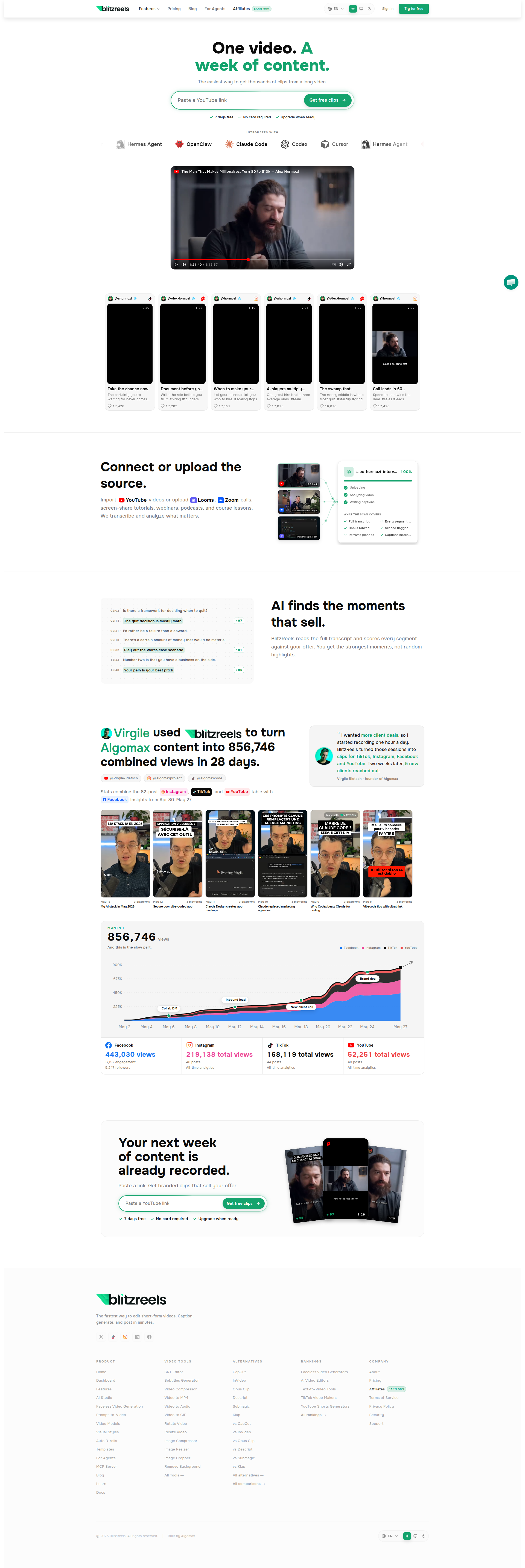 Landing page screenshot for blitzreels.com, 1920 by 5738 pixels
