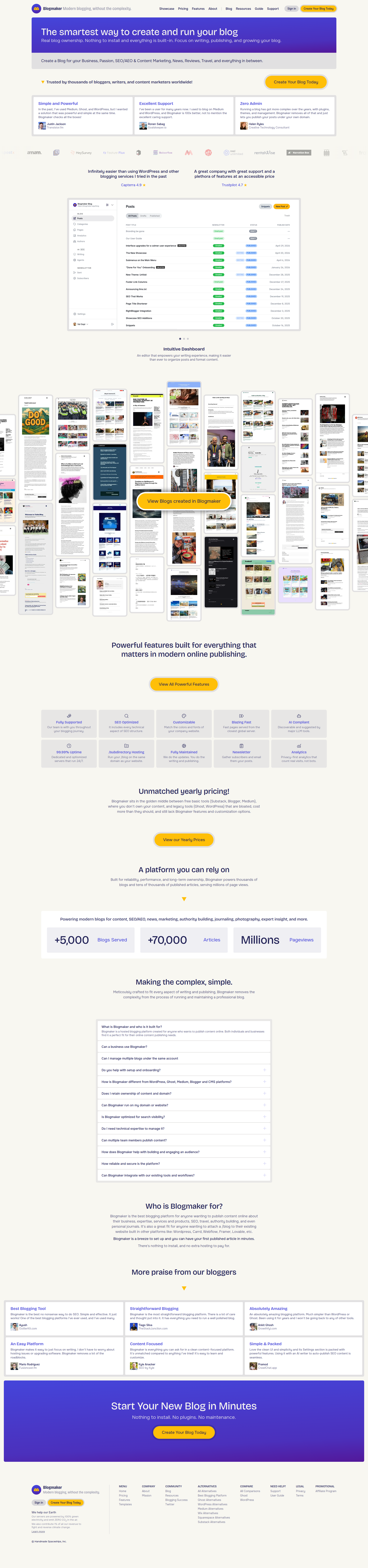 Landing page screenshot for blogmaker.app, 1920 by 8178 pixels