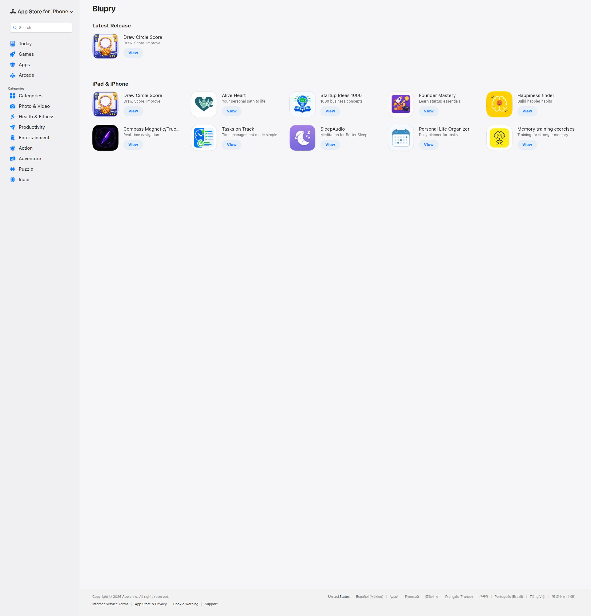 Blupry Published apps landing page