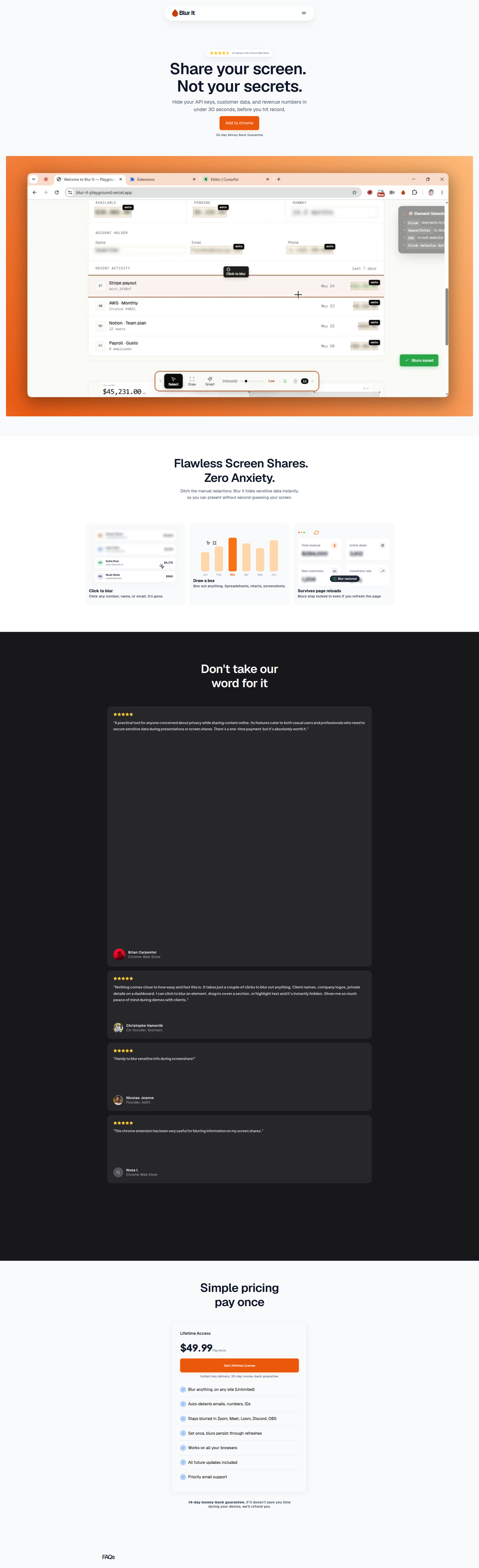 Landing page screenshot for blur-it.app, 1920 by 6293 pixels