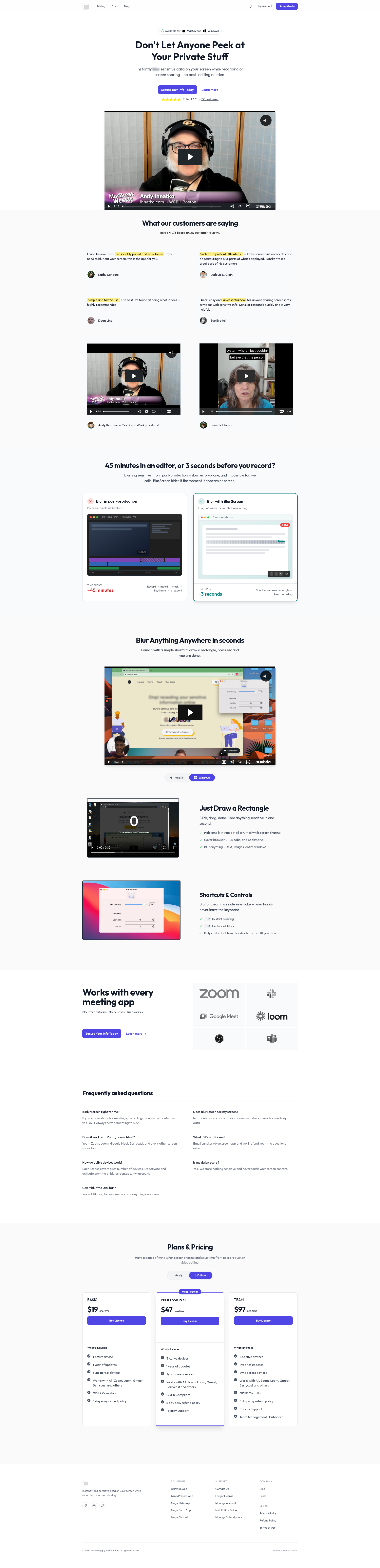 Landing page screenshot for blurscreen.app, 1920 by 7921 pixels