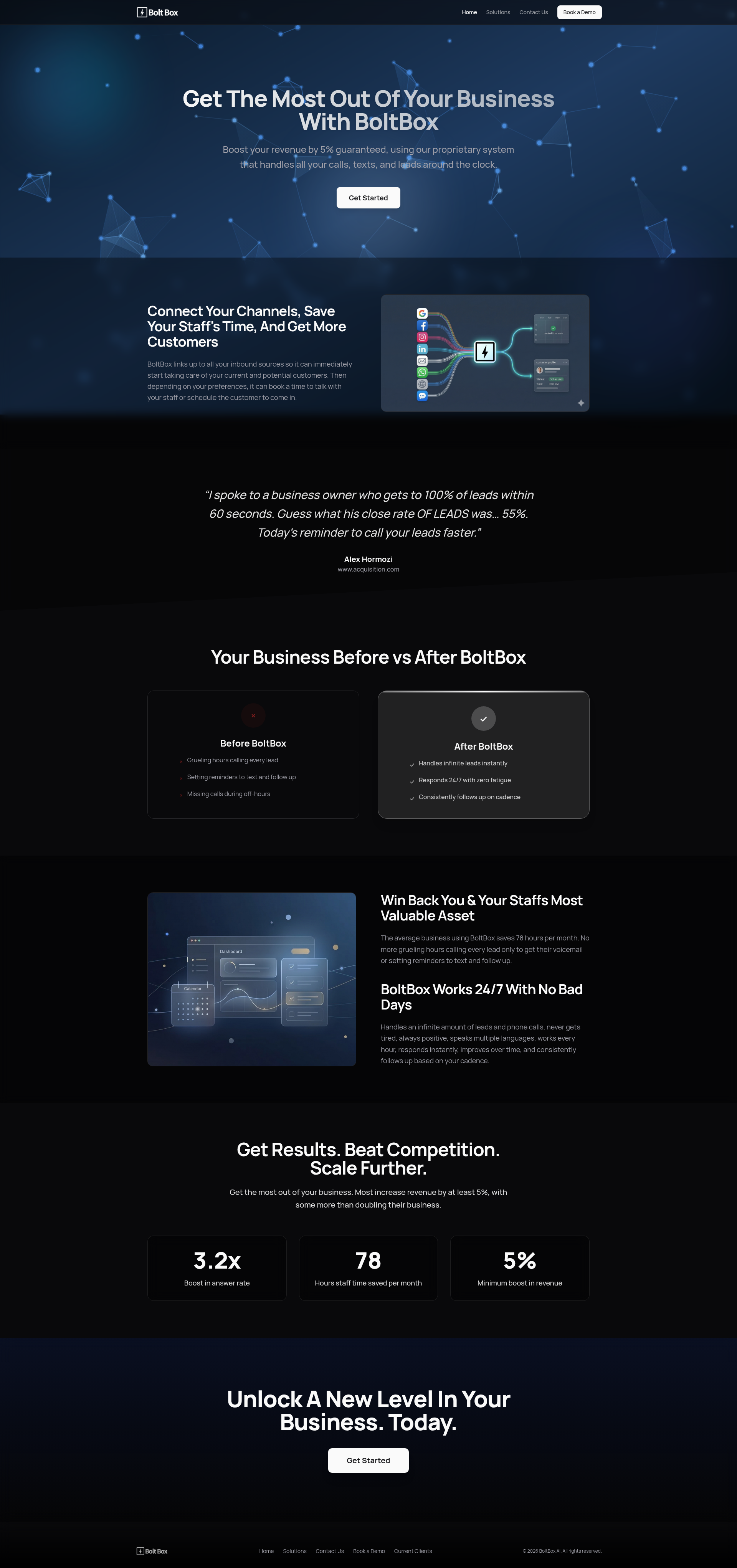Landing page screenshot for boltboxai.com, 1920 by 4085 pixels