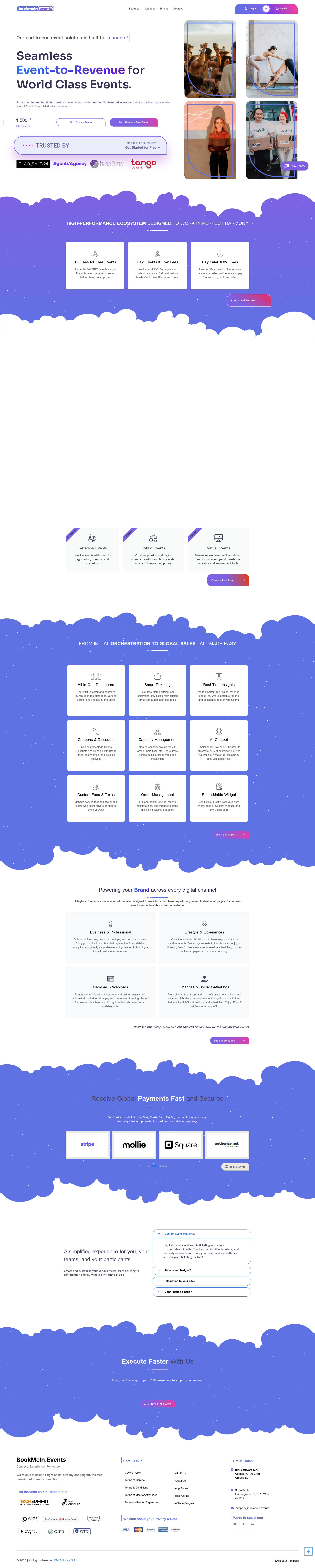 Landing page screenshot for bookmein.events, 1920 by 9566 pixels