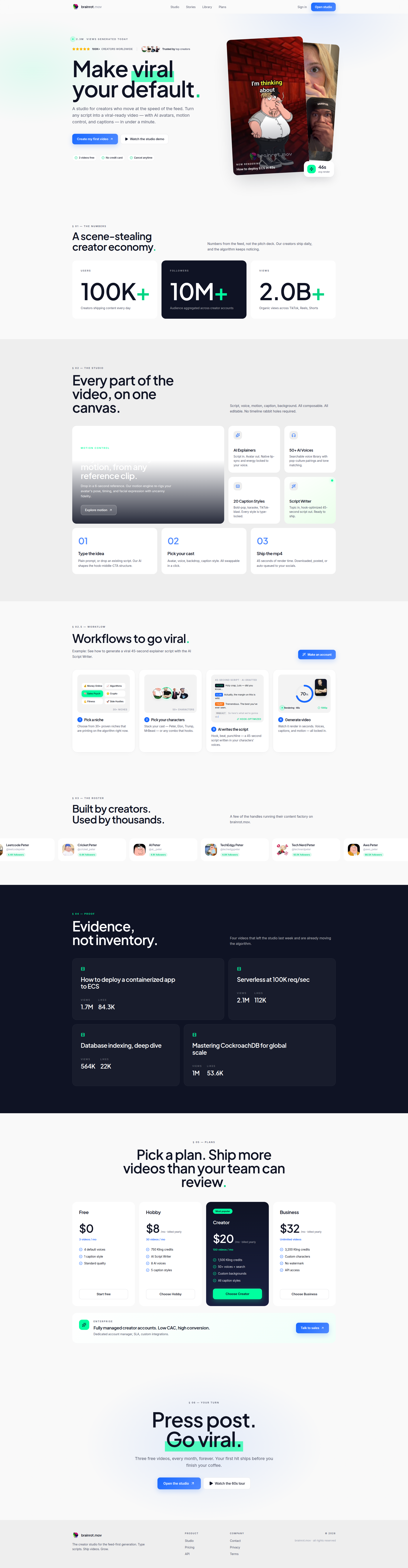 Landing page screenshot for brainrot.mov, 1920 by 7375 pixels
