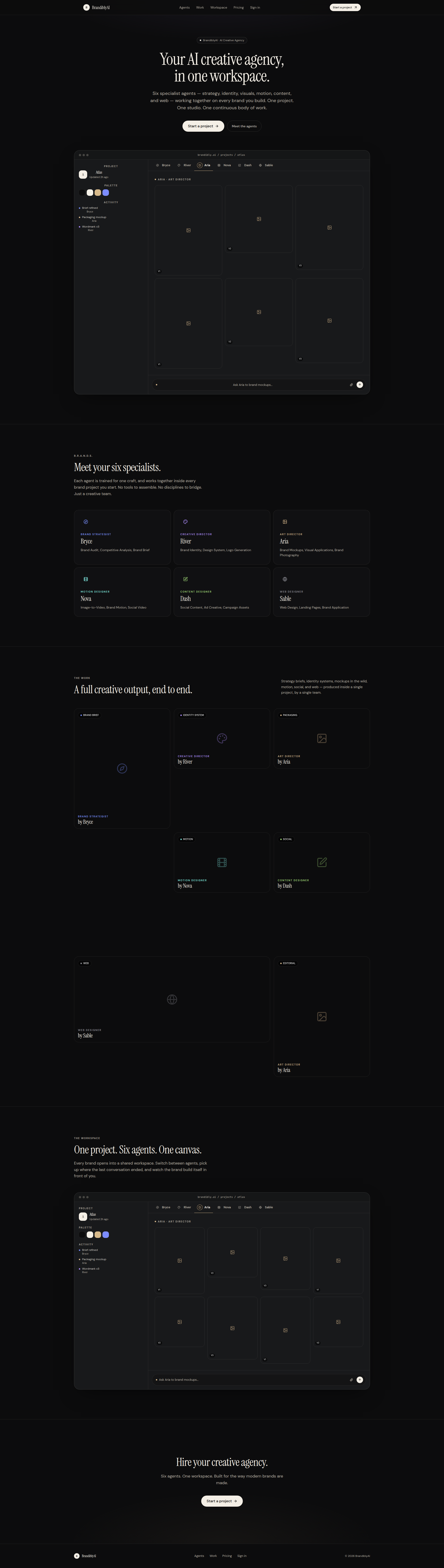 Landing page screenshot for brandiblyai.com, 1920 by 6774 pixels