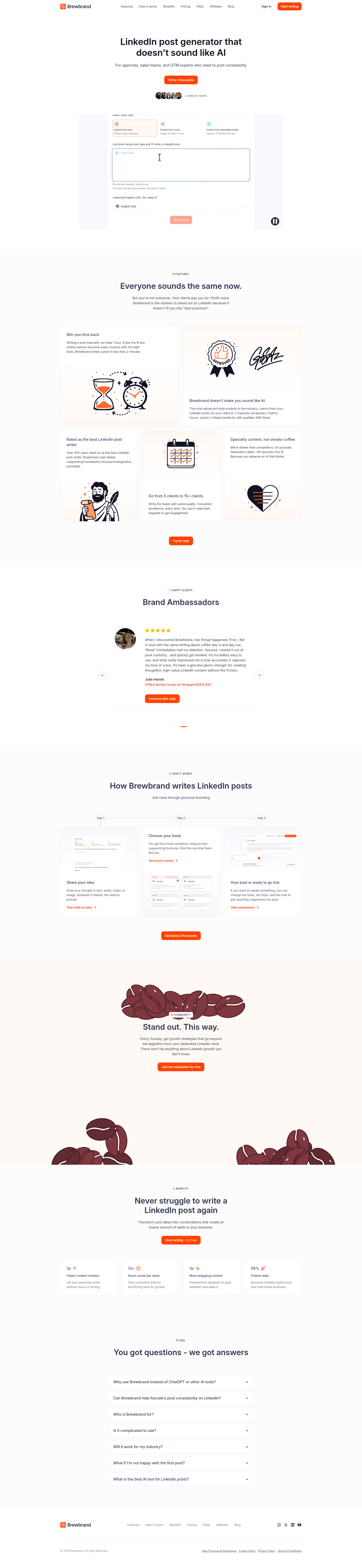 Landing page screenshot for brewbrand.ai, 1920 by 8317 pixels