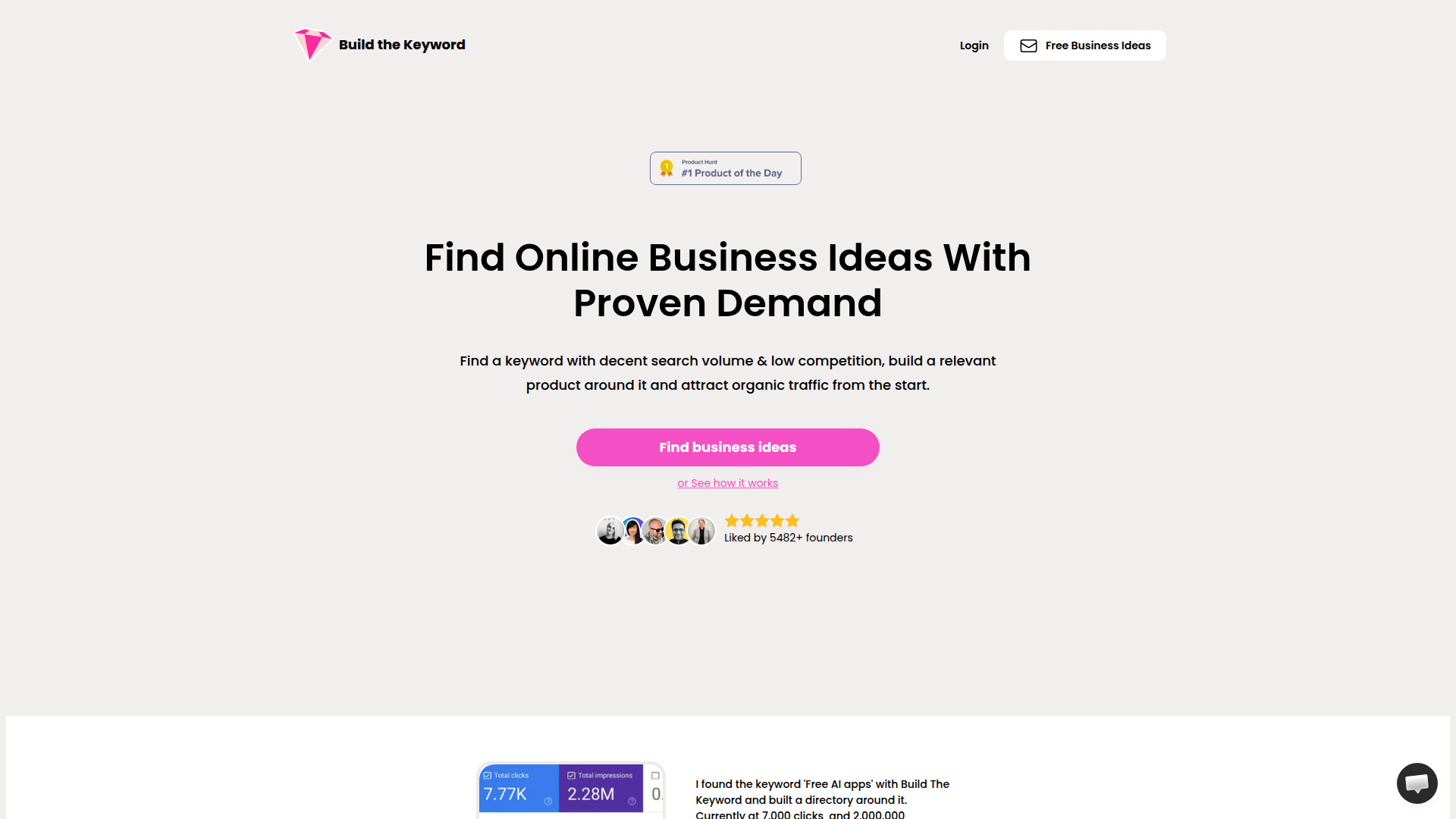 Landing page screenshot for buildthekeyword.com, 1920 by 1080 pixels