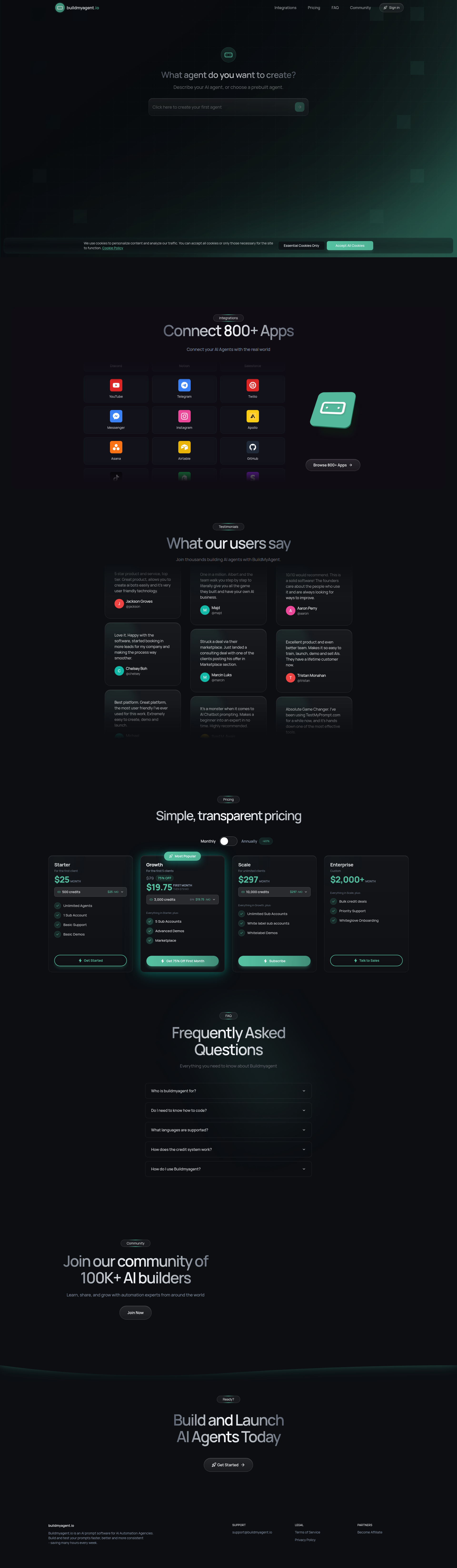 Landing page screenshot for buildmyagent.io, 1920 by 6582 pixels