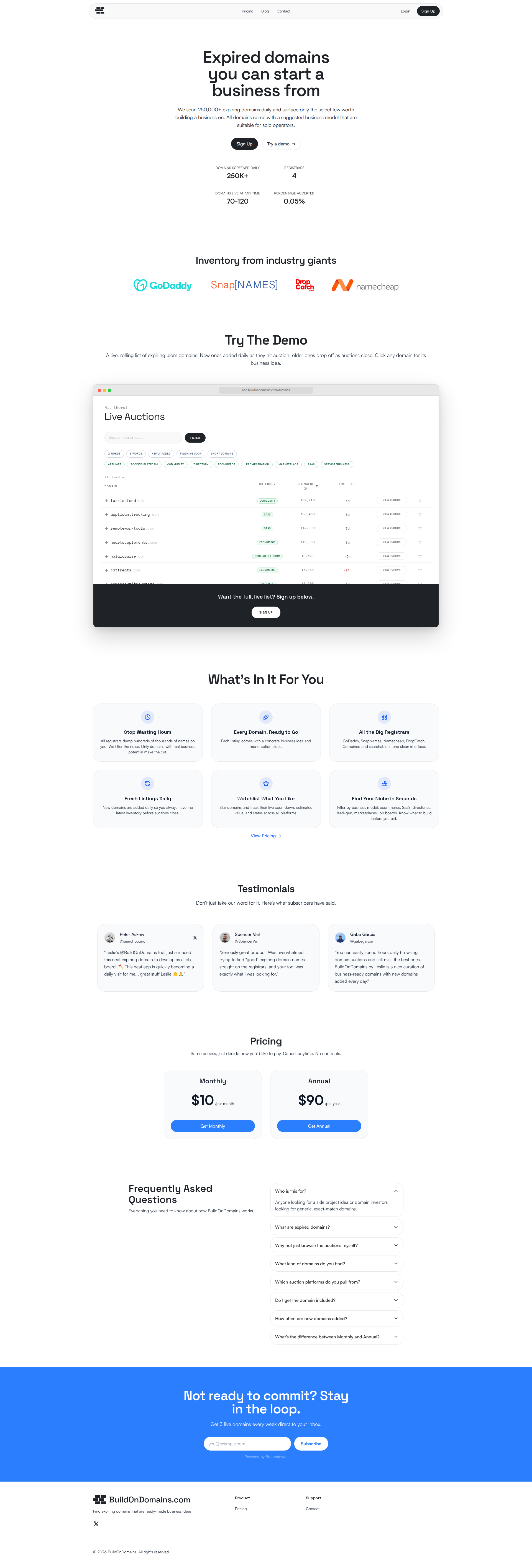 Landing page screenshot for buildondomains.com, 1920 by 5661 pixels